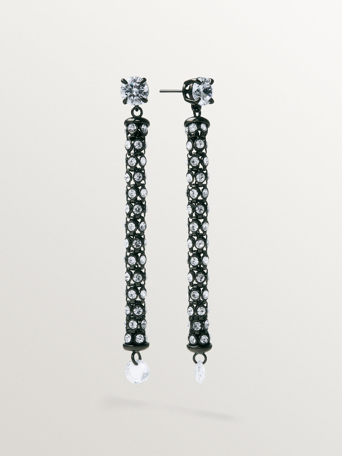 Long tube-shaped earrings with crystals