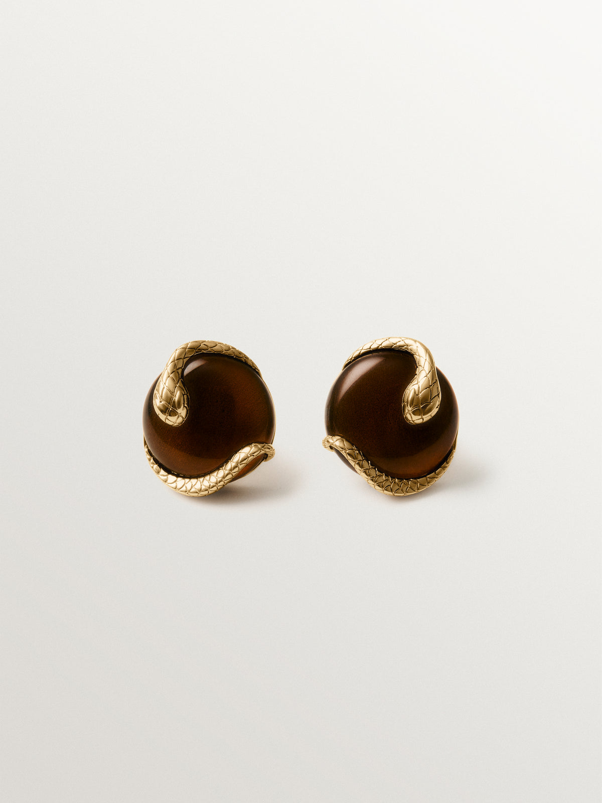 Yellow gold-plated earrings with brown crystal