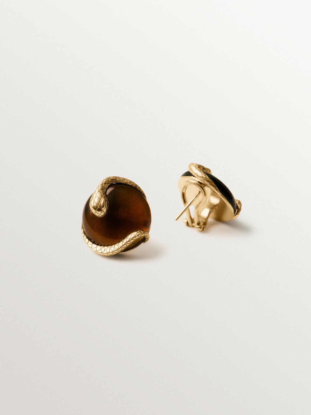 Yellow gold-plated earrings with brown crystal