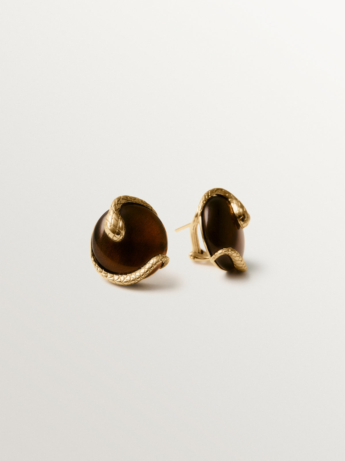 Yellow gold-plated earrings with brown crystal