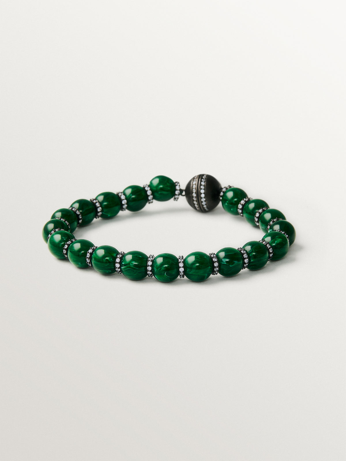 Bracelet with green resin, crystals, sphere motifs and gunmetal finish
