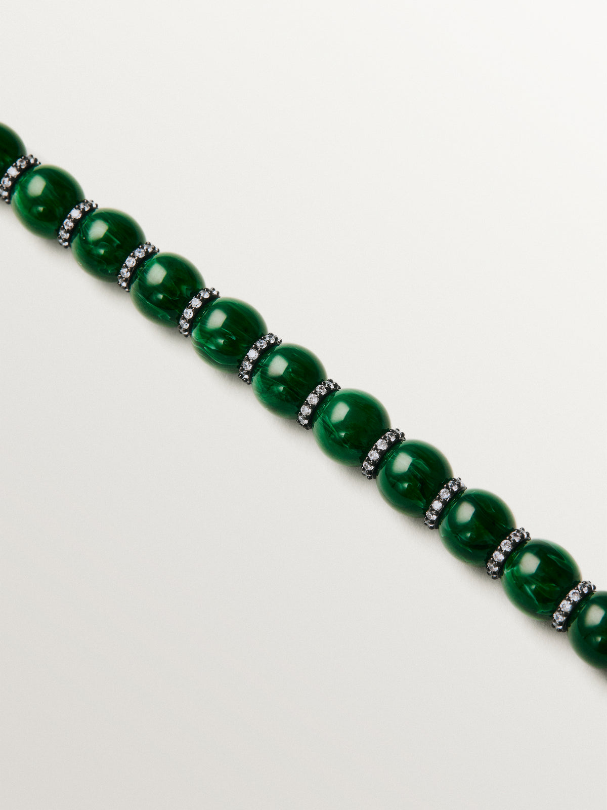 Bracelet with green resin, crystals, sphere motifs and gunmetal finish