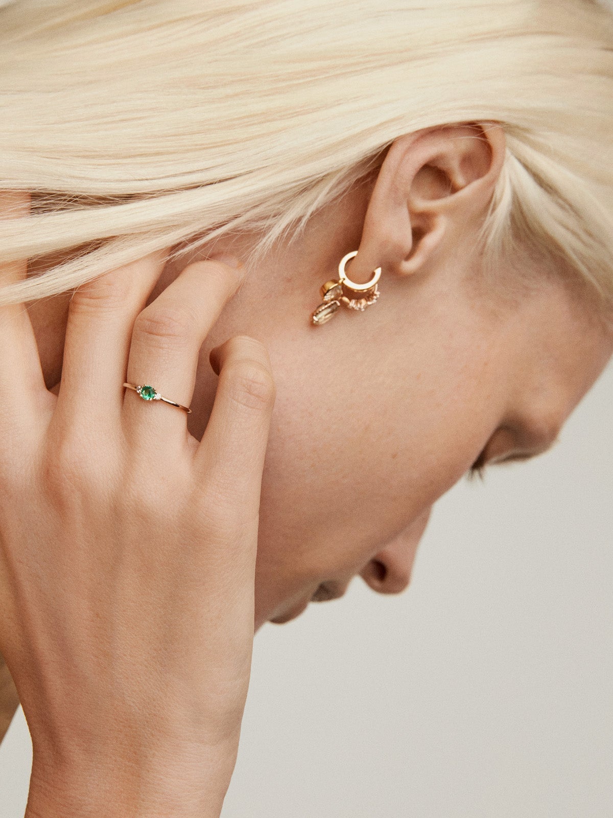 9K Yellow Gold Trilogy Ring with Emerald and Diamonds