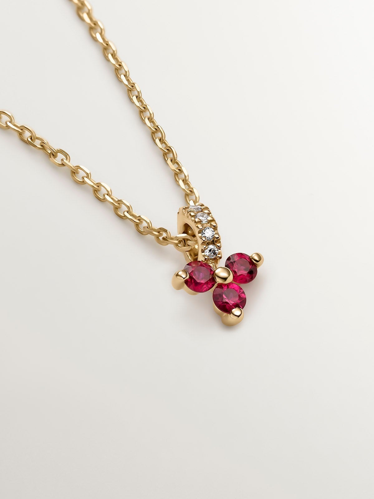 9K Yellow Gold Pendant with Red Ruby Clover and Diamonds