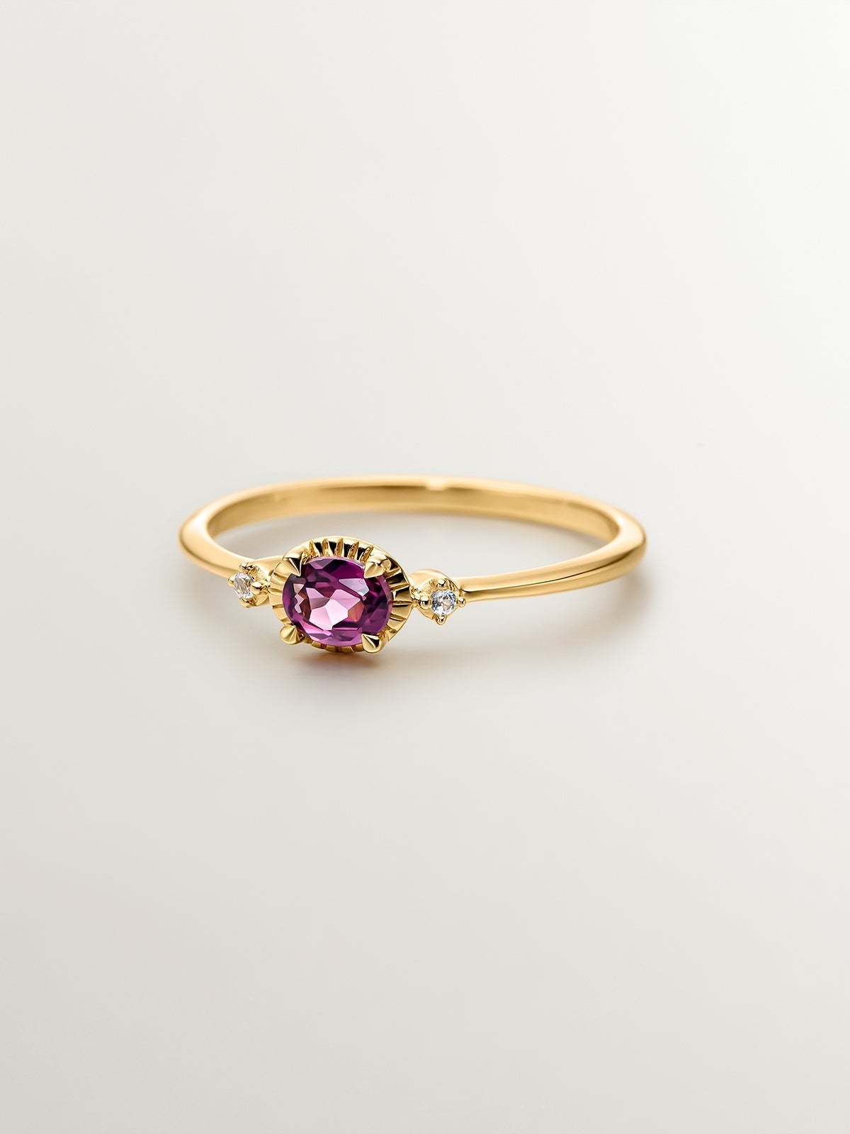 18K yellow gold plated 925 silver ring with rhodolite and topaz.