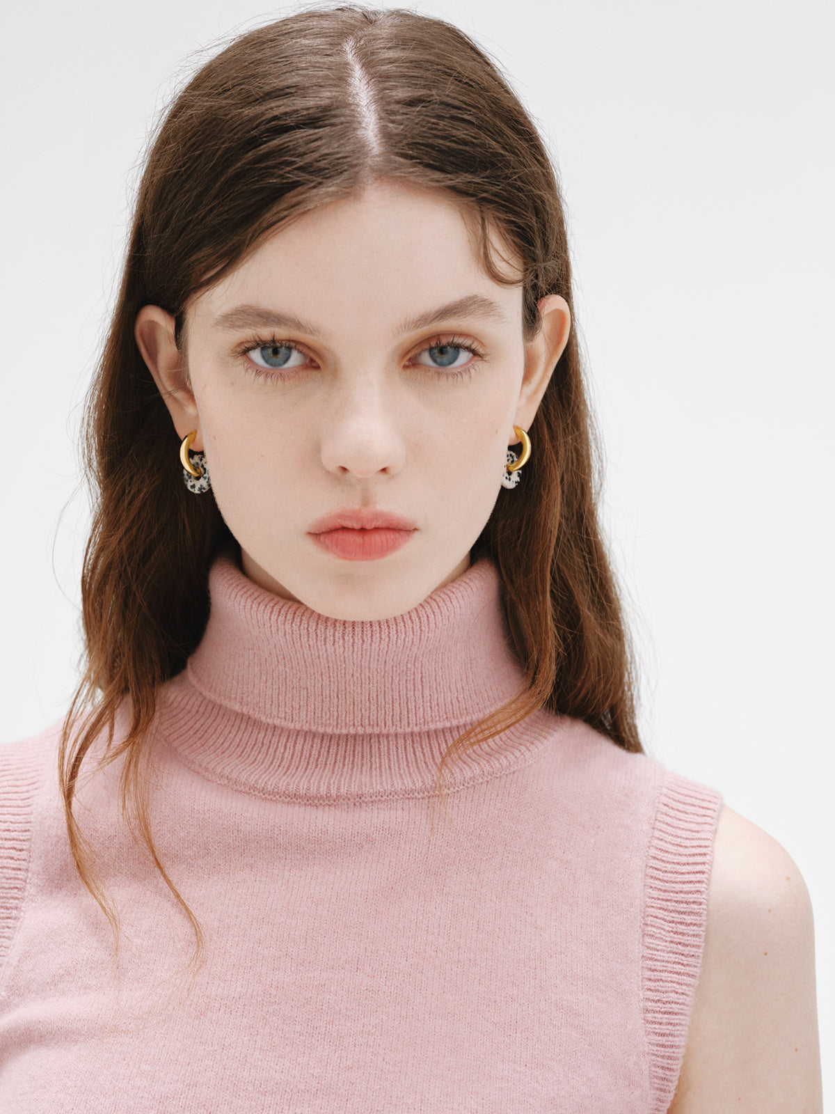 925 sterling silver medium hoop earrings with 18K yellow gold plating featuring dalmatian jasper.