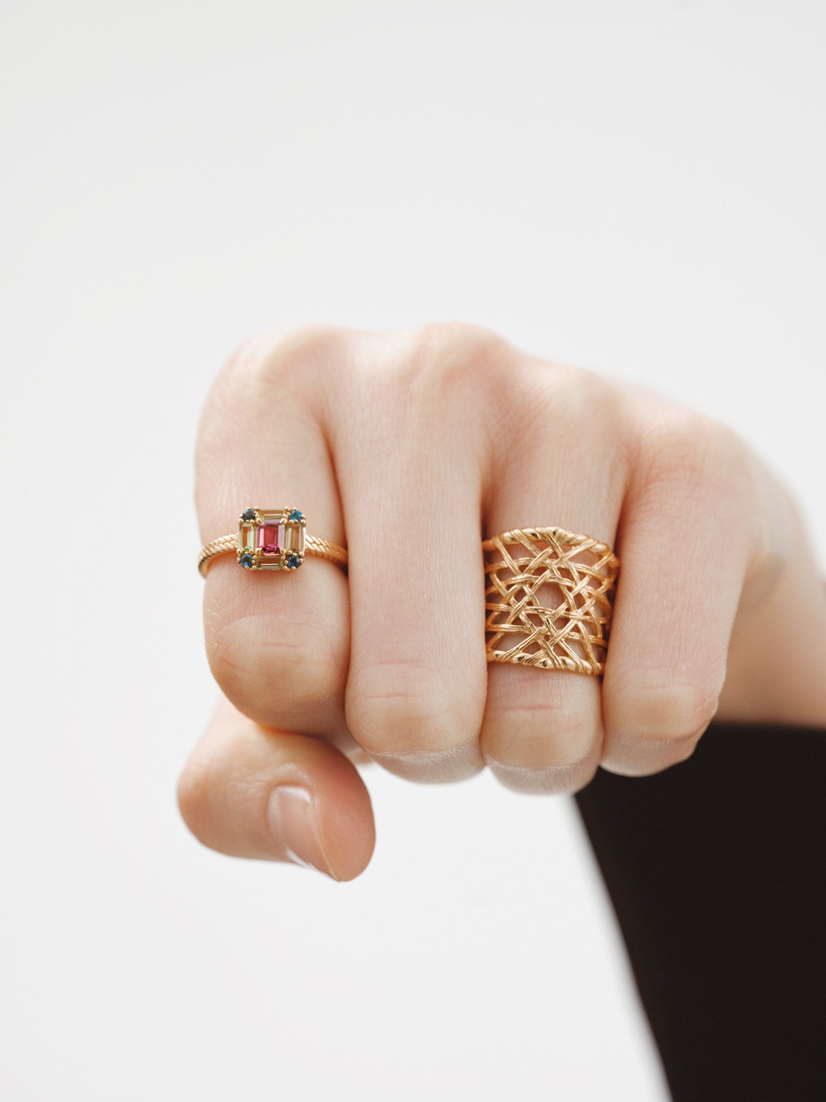 925 Silver ring bathed in 18K yellow gold with rhodolite, peridot, and topaz.