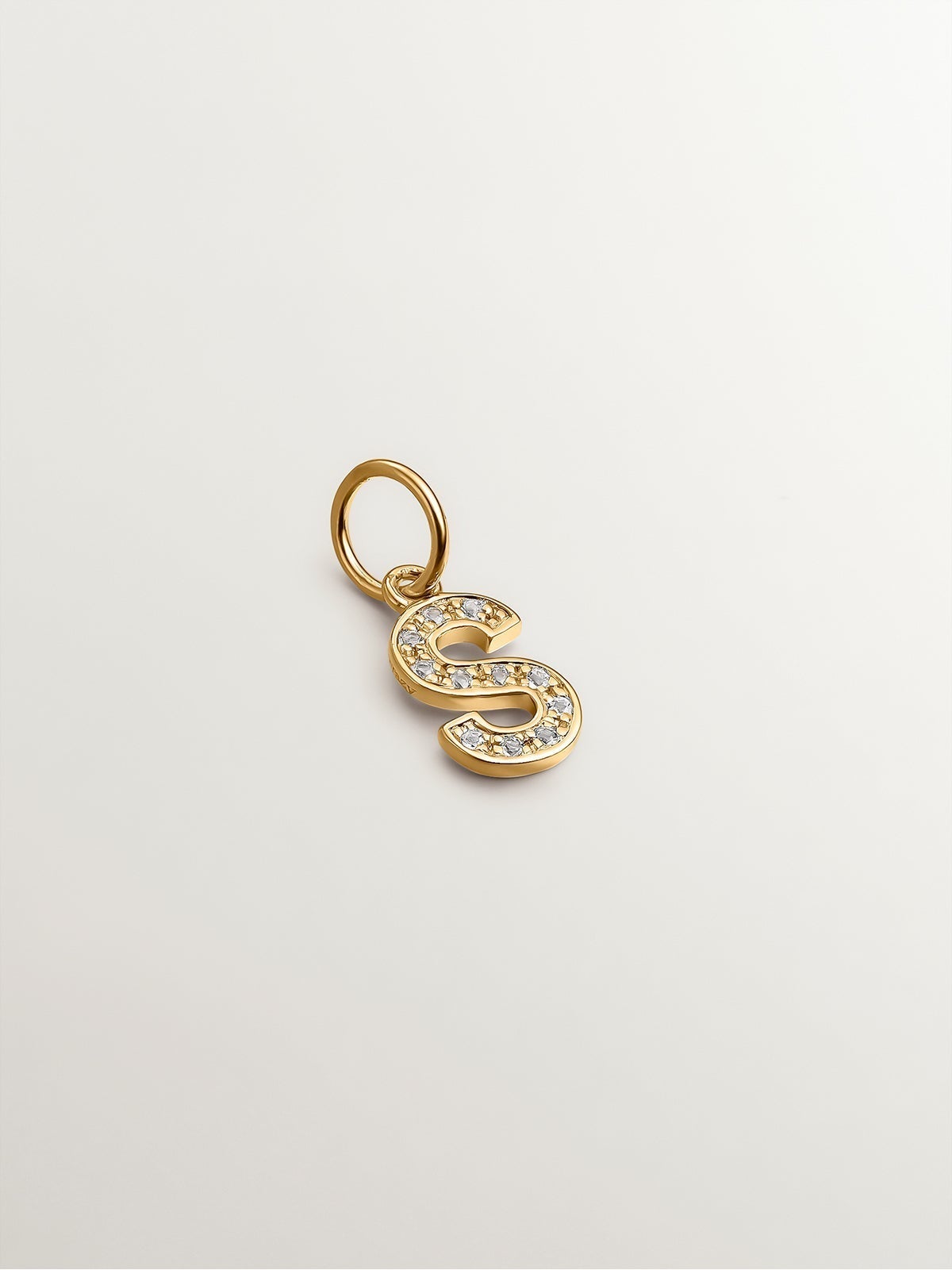 925 Silver charm dipped in 18K yellow gold and white topaz with initial S