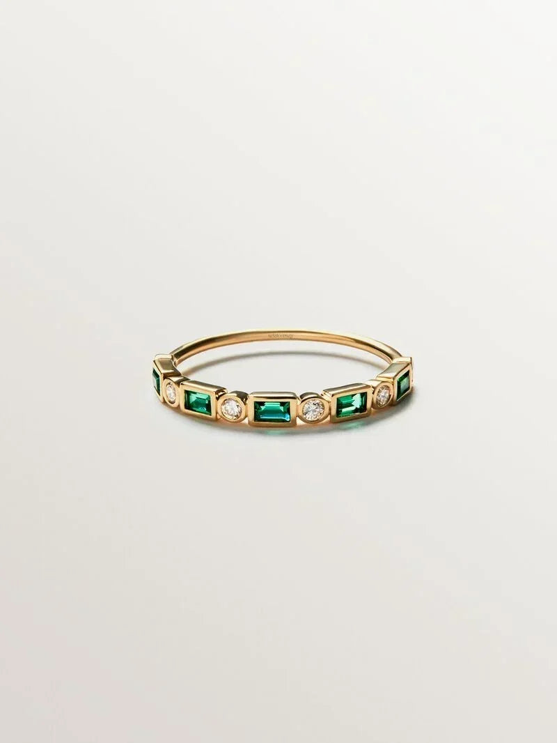9K yellow gold ring with green emeralds and diamonds
