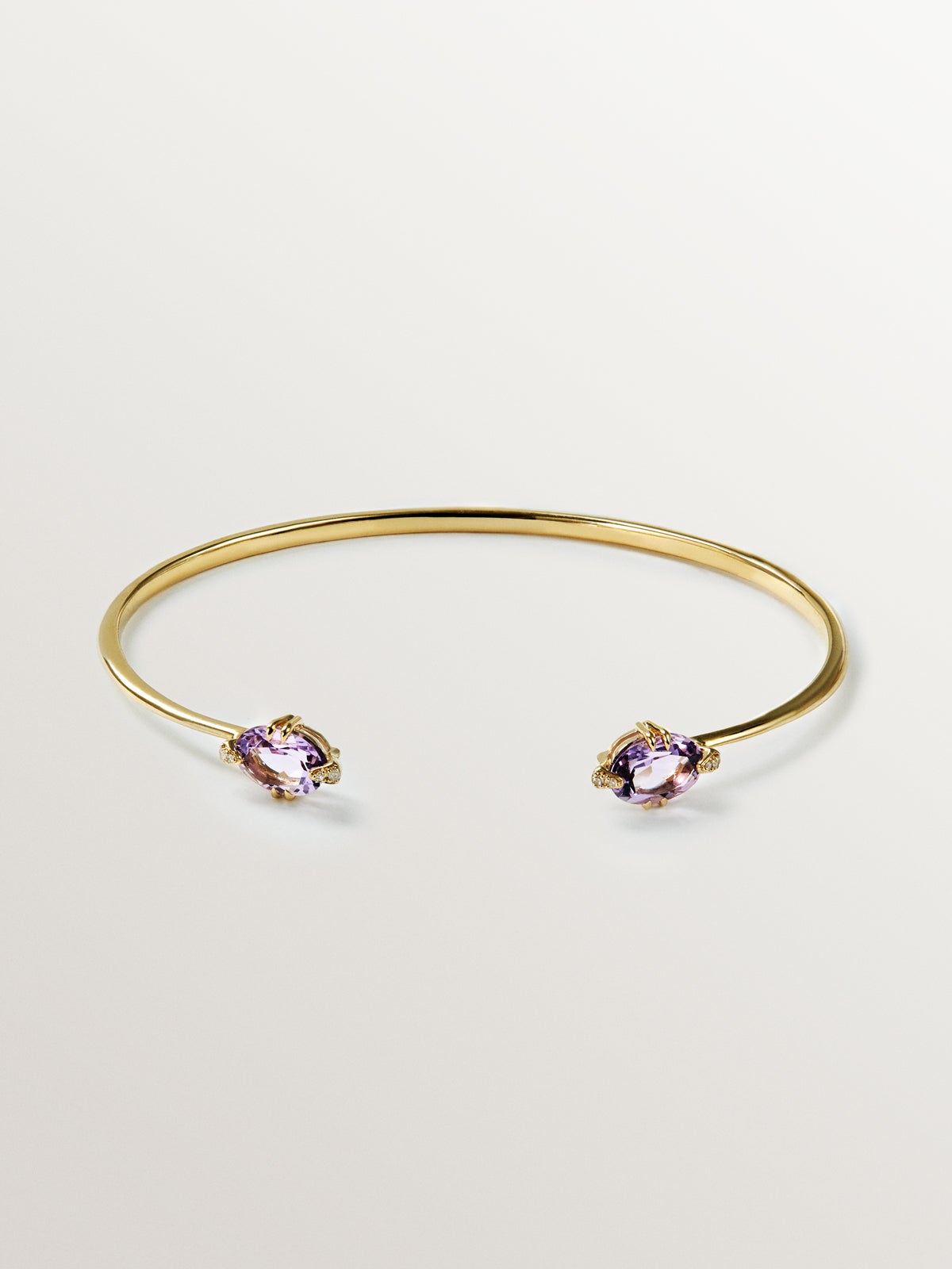 9K yellow gold open bracelet with pink amethysts and diamonds