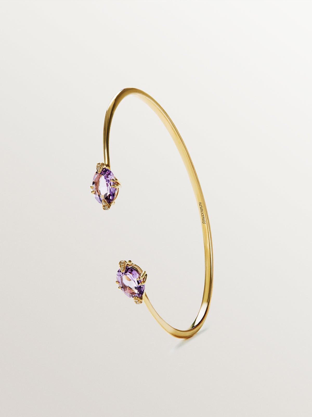 9K yellow gold open bracelet with pink amethysts and diamonds
