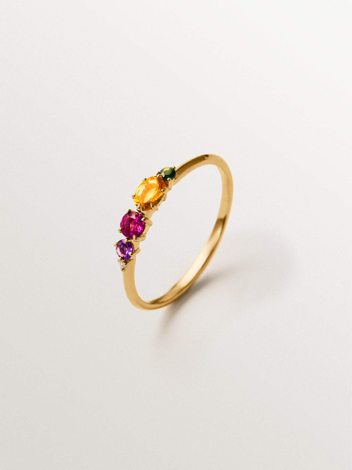 9K yellow gold ring with citrine quartz, rhodolite, black amethyst, green tourmaline and diamond