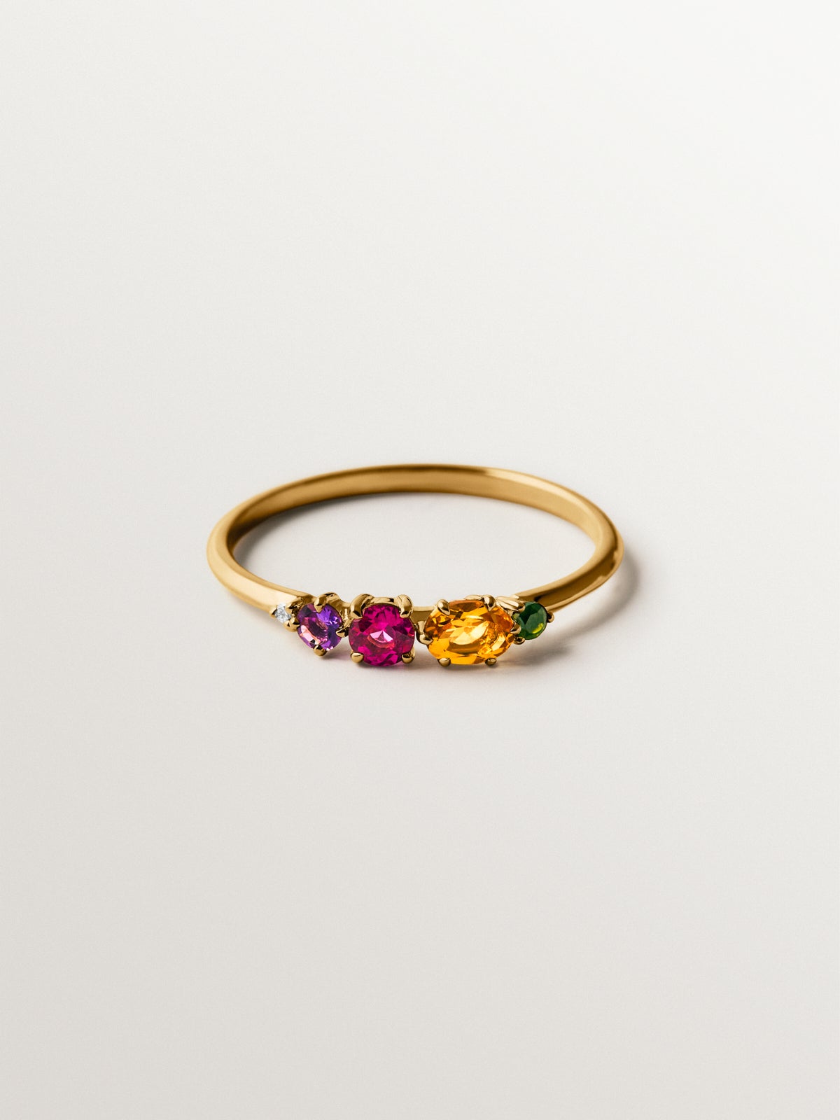 9K yellow gold ring with citrine quartz, rhodolite, black amethyst, green tourmaline and diamond
