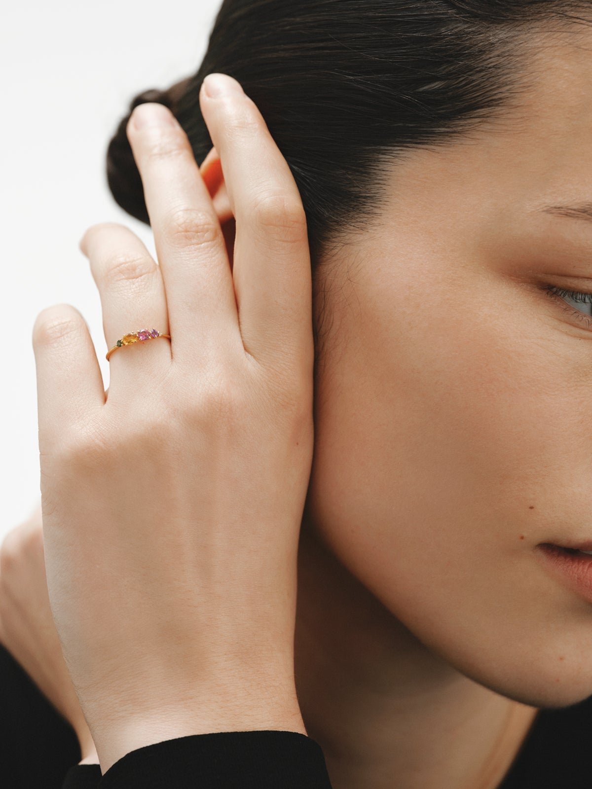 9K yellow gold ring with citrine quartz, rhodolite, black amethyst, green tourmaline and diamond