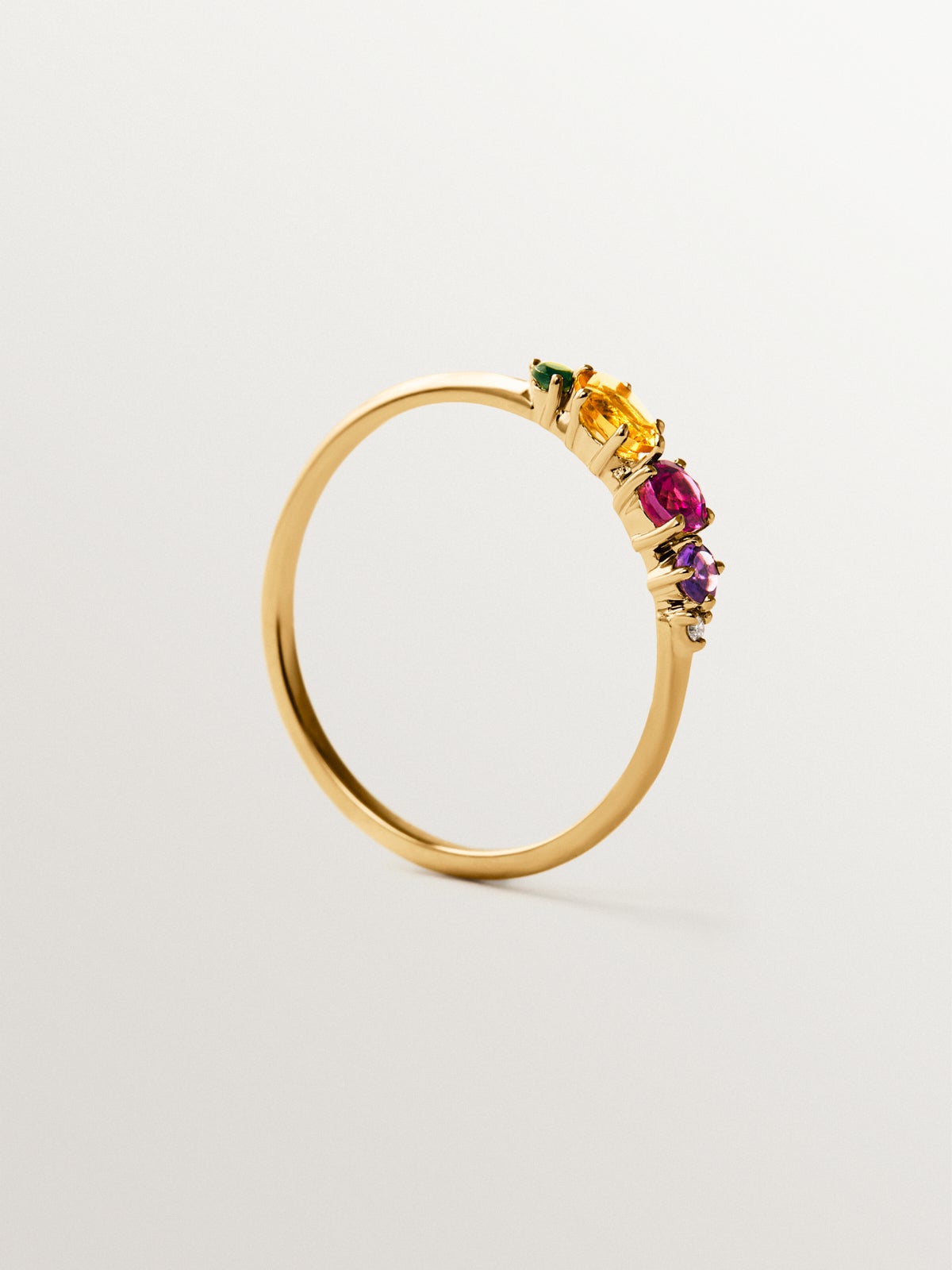 9K yellow gold ring with citrine quartz, rhodolite, black amethyst, green tourmaline and diamond