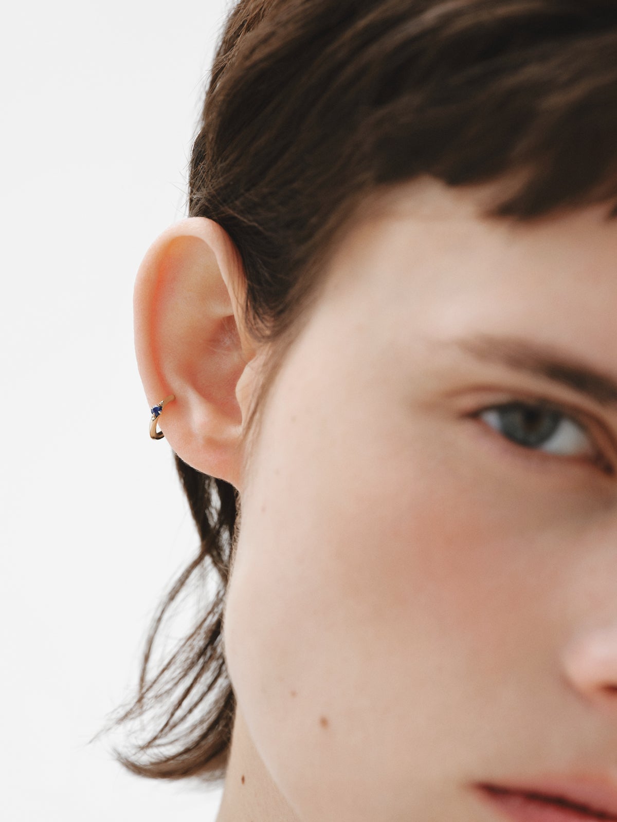 9K Yellow Gold Blue Sapphire Single Hoop Earring