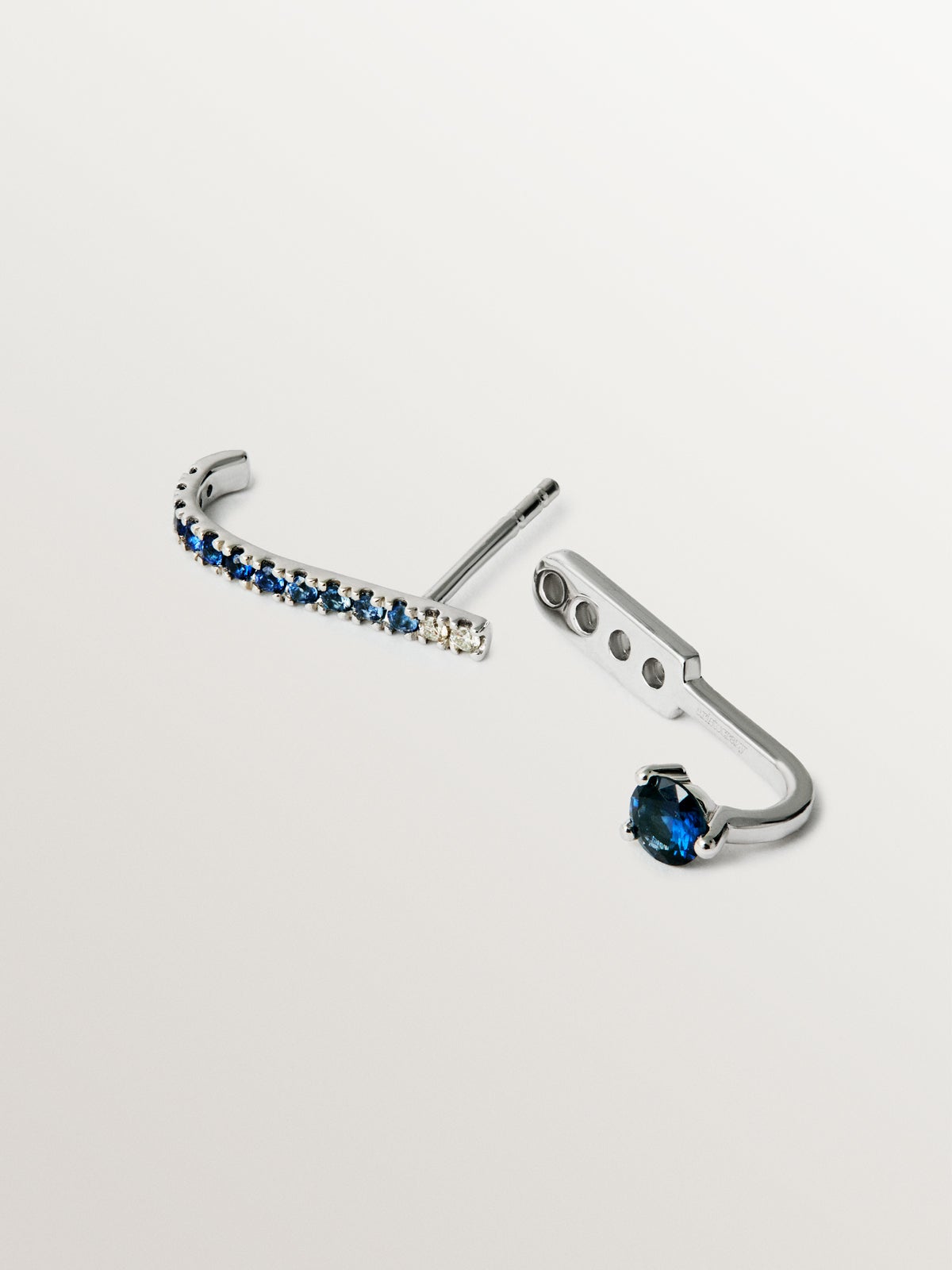 9K white gold single earring with blue sapphires and diamonds
