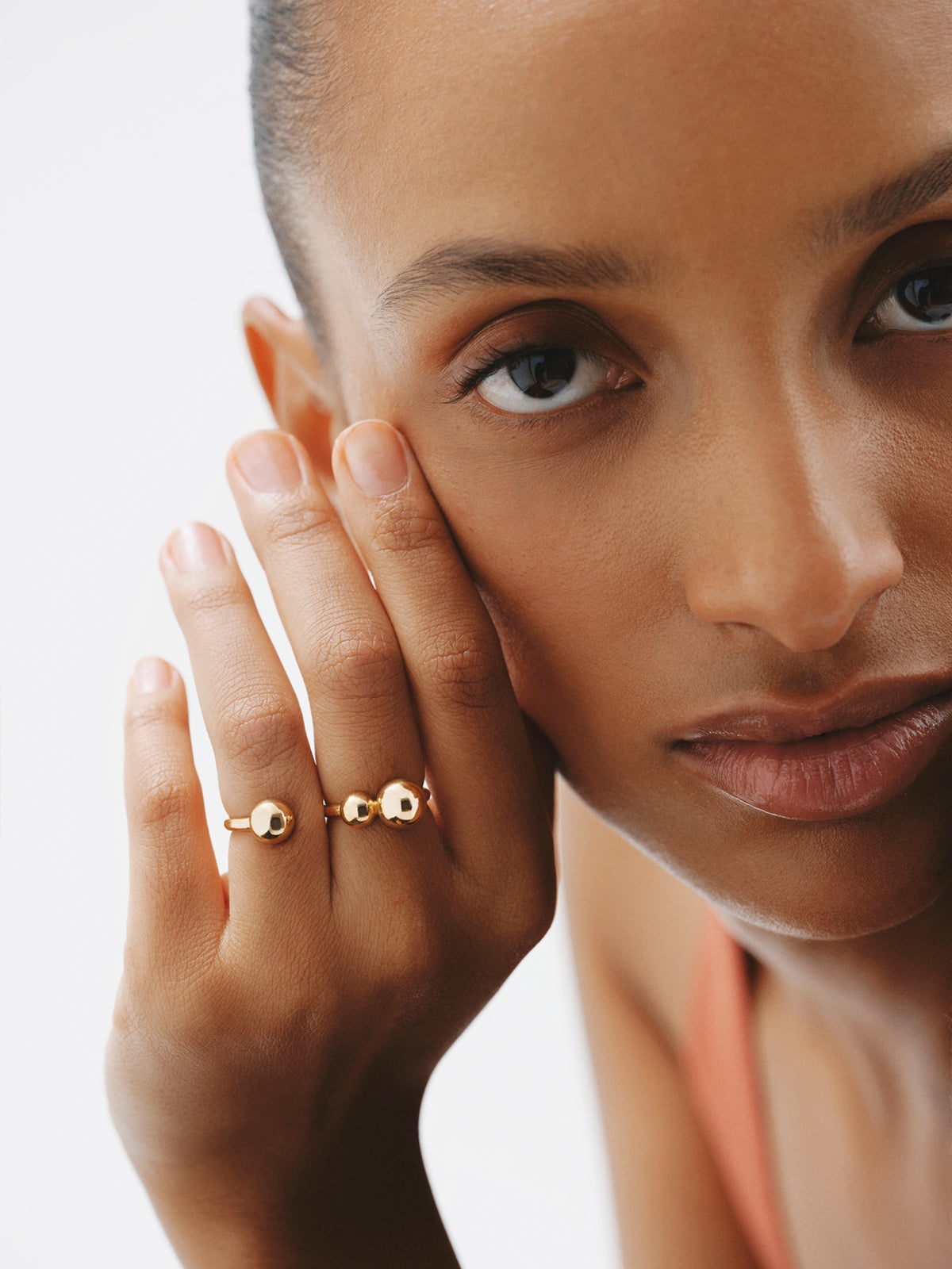Double ring in 925 silver plated with 18K yellow gold with sphere motif