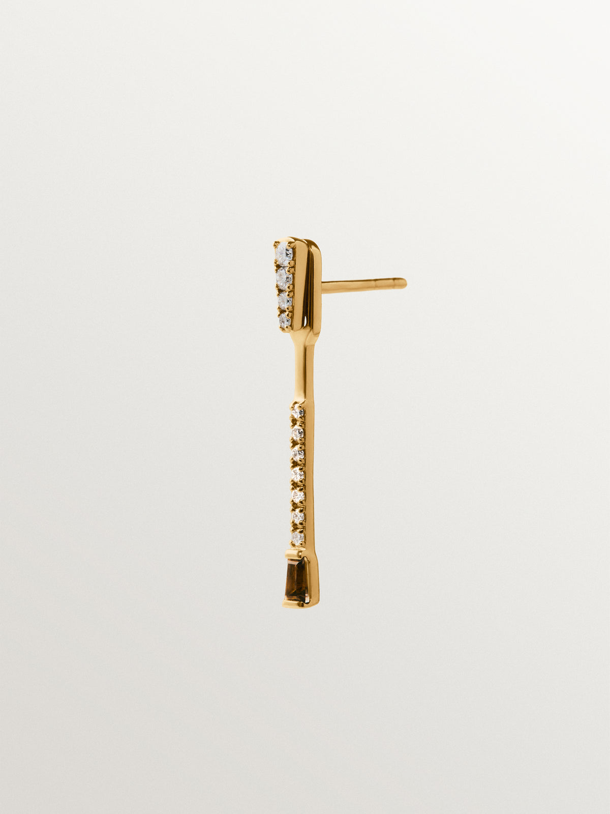 9K yellow gold single earring with diamonds and brown quartz