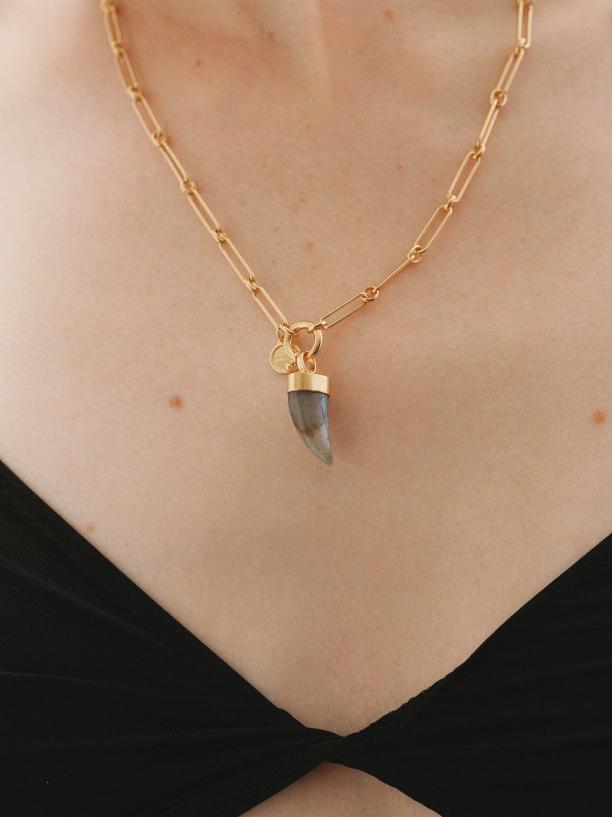18K gold-plated 925 silver charm with fang-shaped labradorite