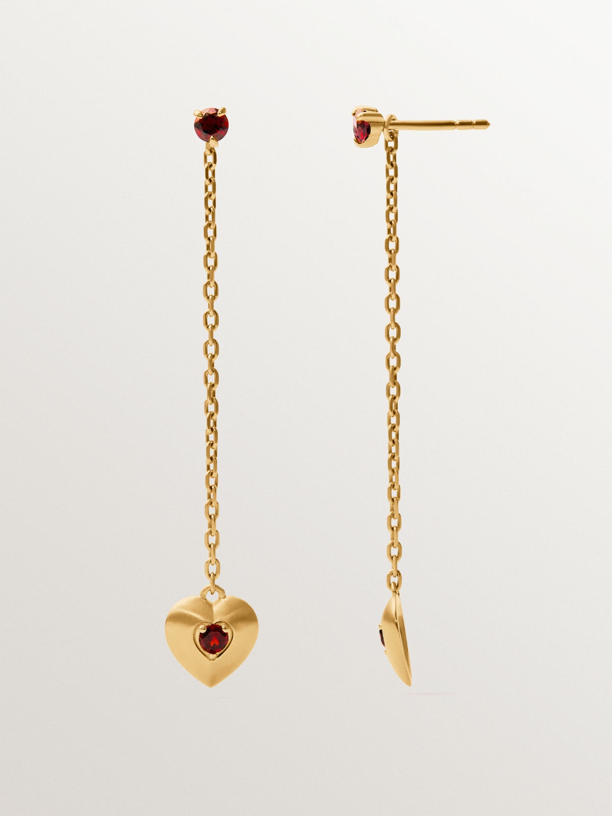 Long earrings in 18K yellow gold plated silver with red garnet beads, white topaz and heart shape