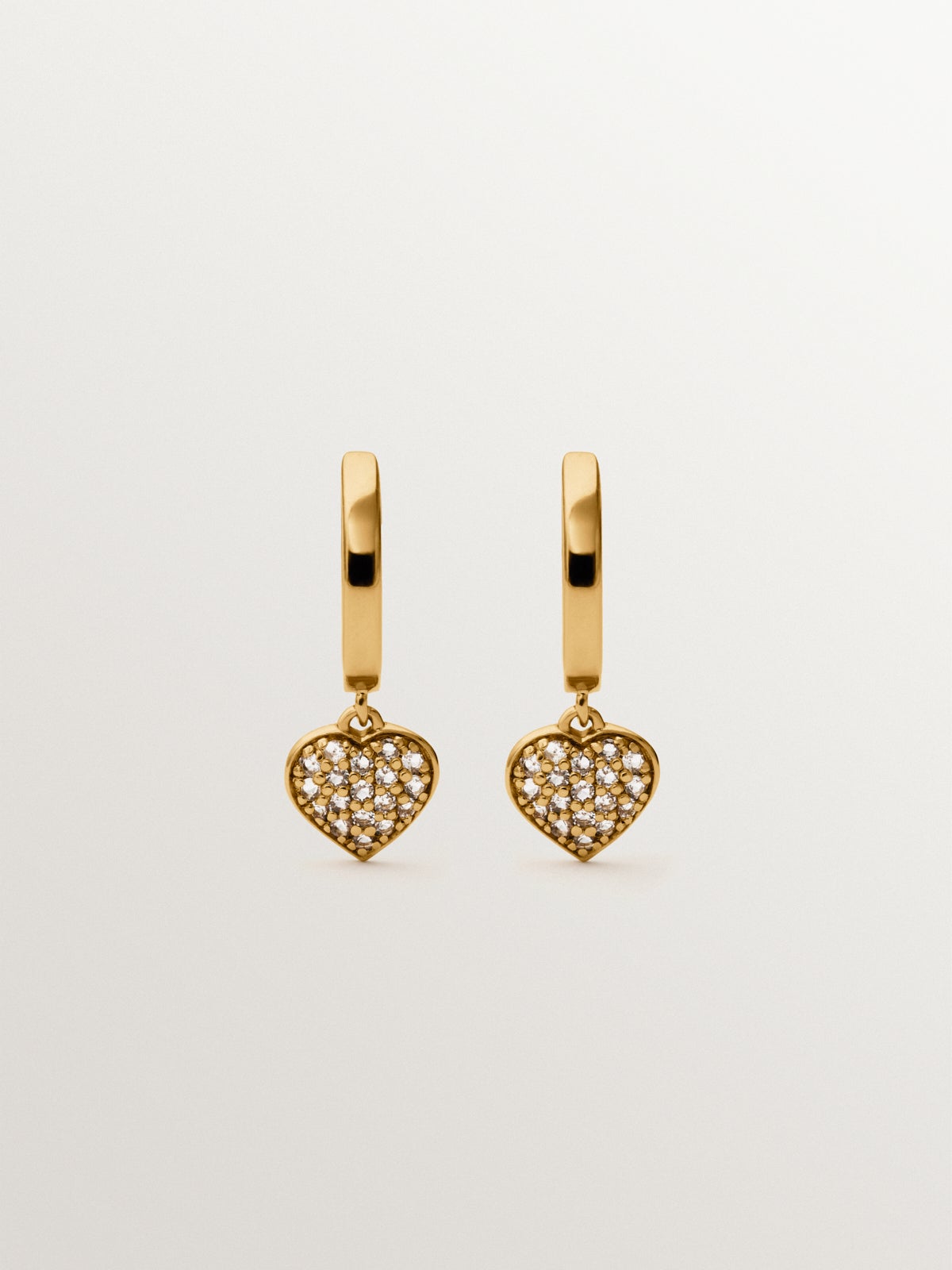 18K yellow gold plated silver hoop earrings, white topaz and heart shape