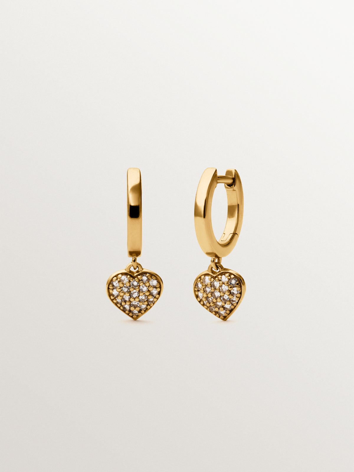 18K yellow gold plated silver hoop earrings, white topaz and heart shape