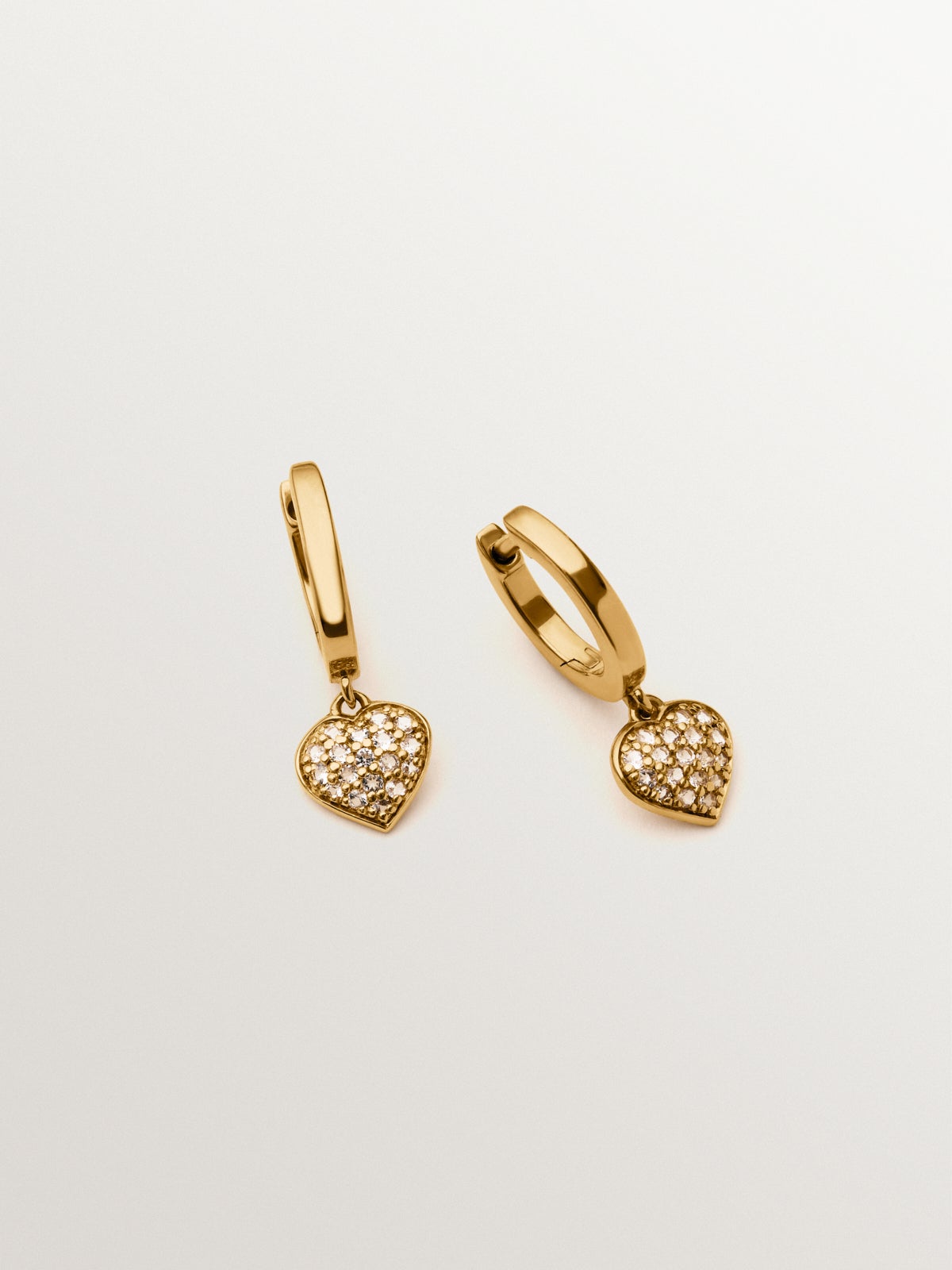 18K yellow gold plated silver hoop earrings, white topaz and heart shape