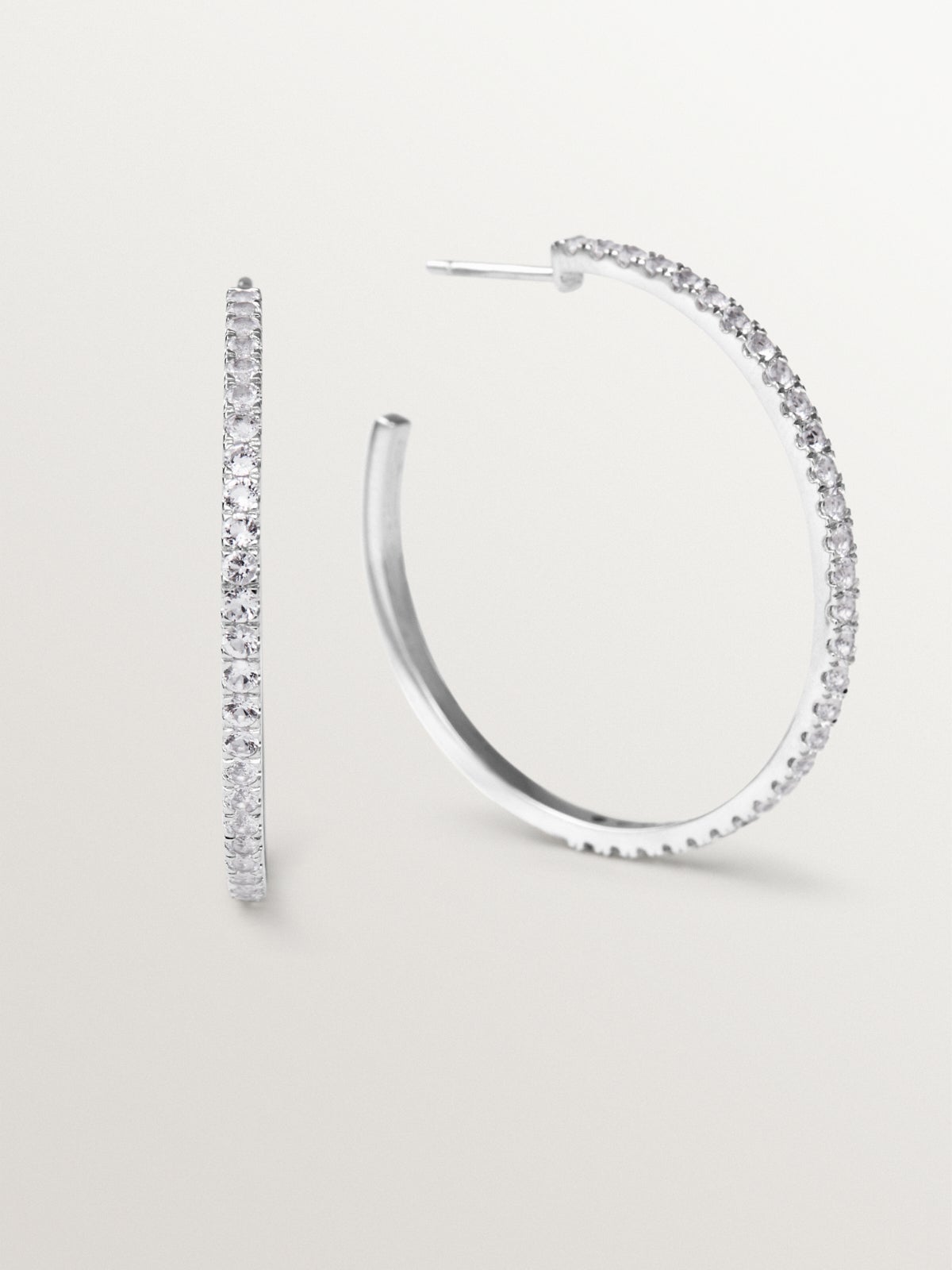 Large 925 silver hoop earrings with white topaz