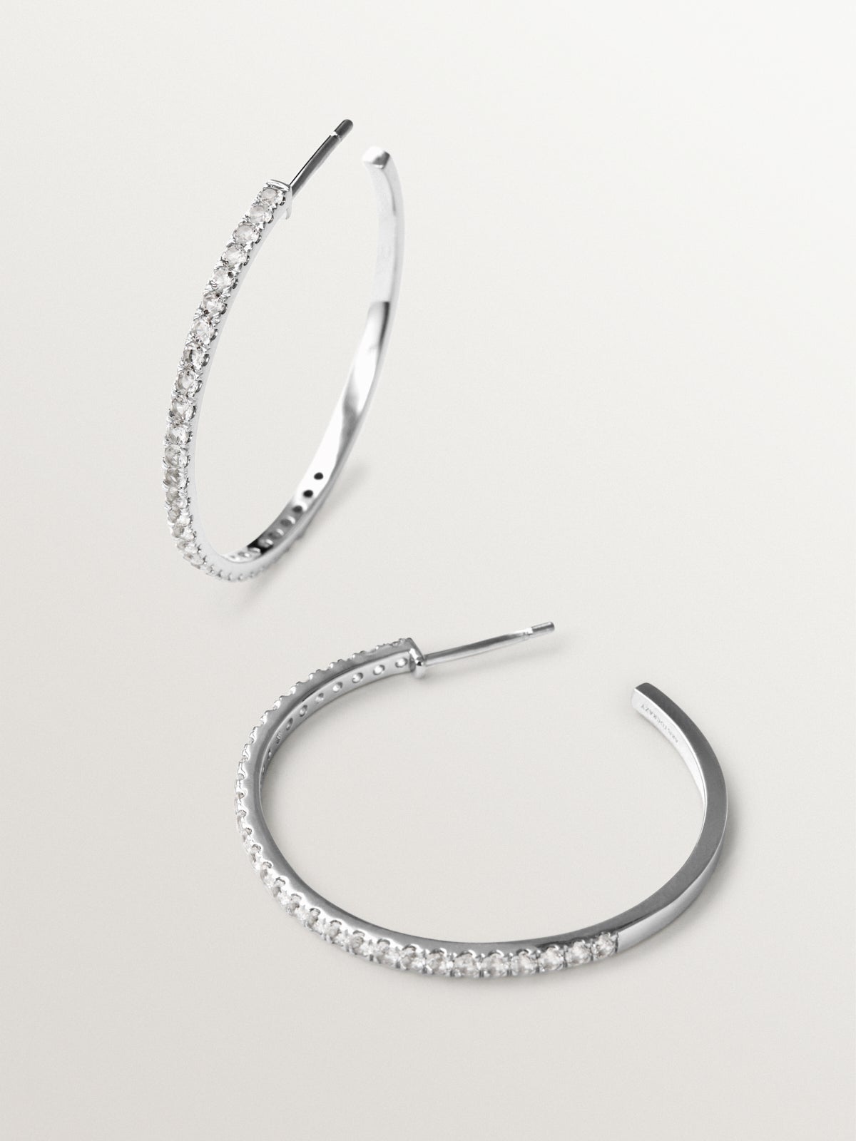 Large 925 silver hoop earrings with white topaz