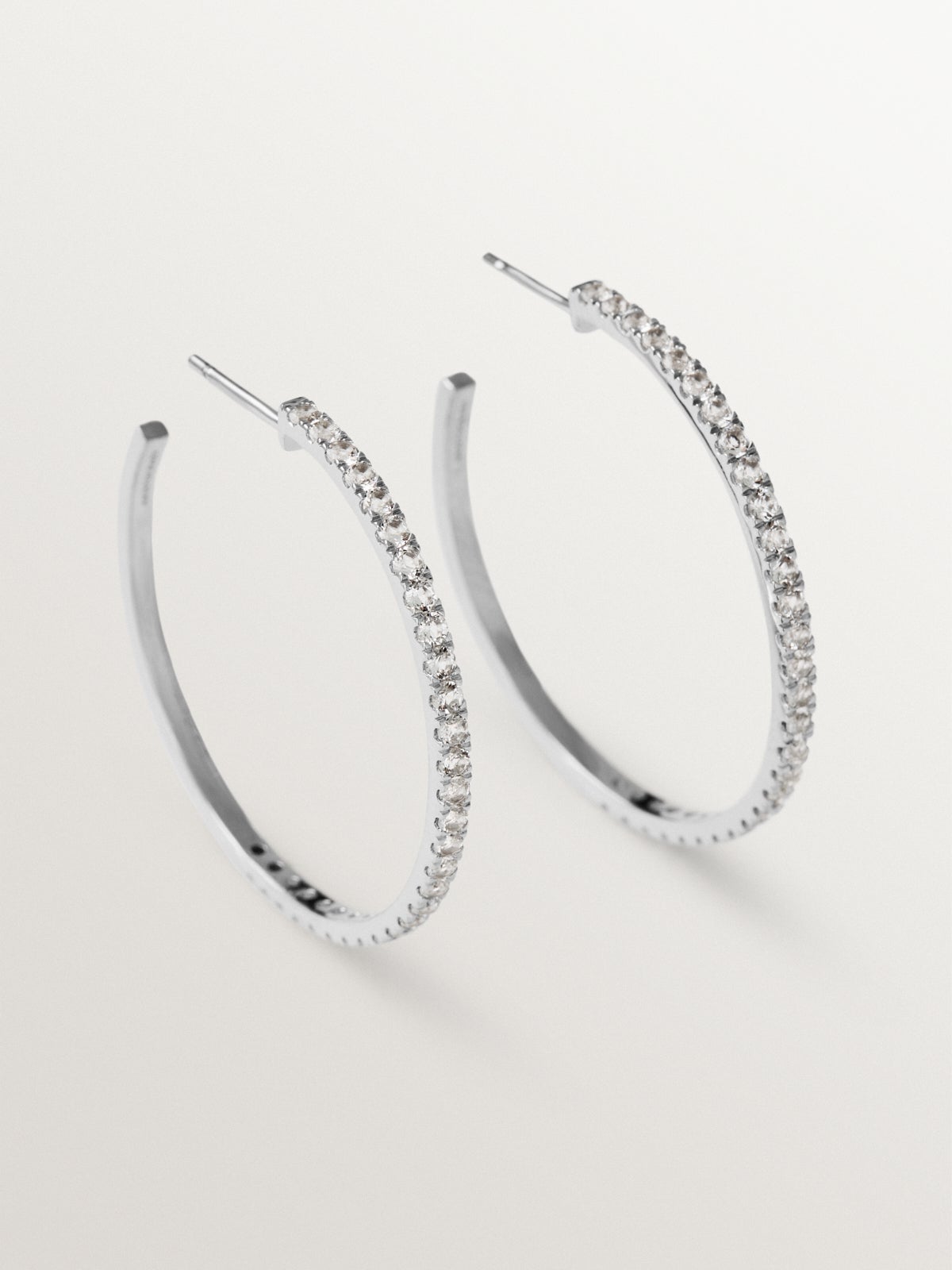 Large 925 silver hoop earrings with white topaz