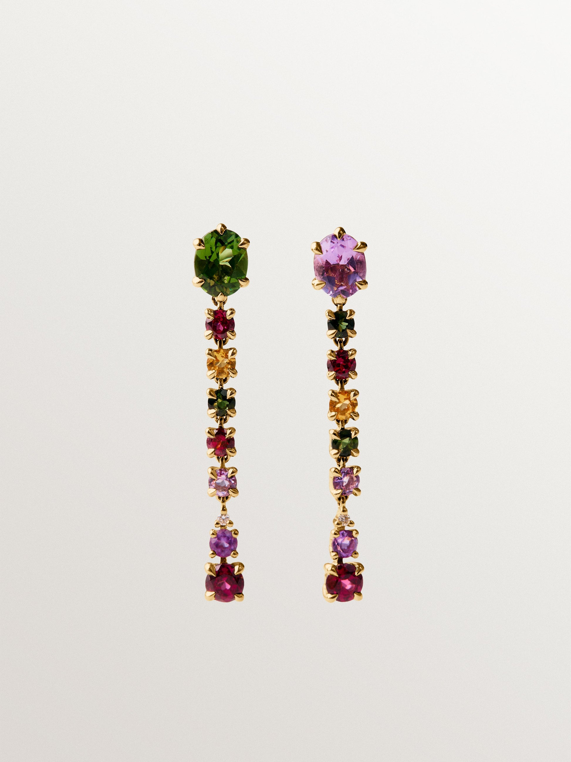 9K yellow gold stud earrings with pink and black amethysts, green tourmalines, rhodoliths and diamonds