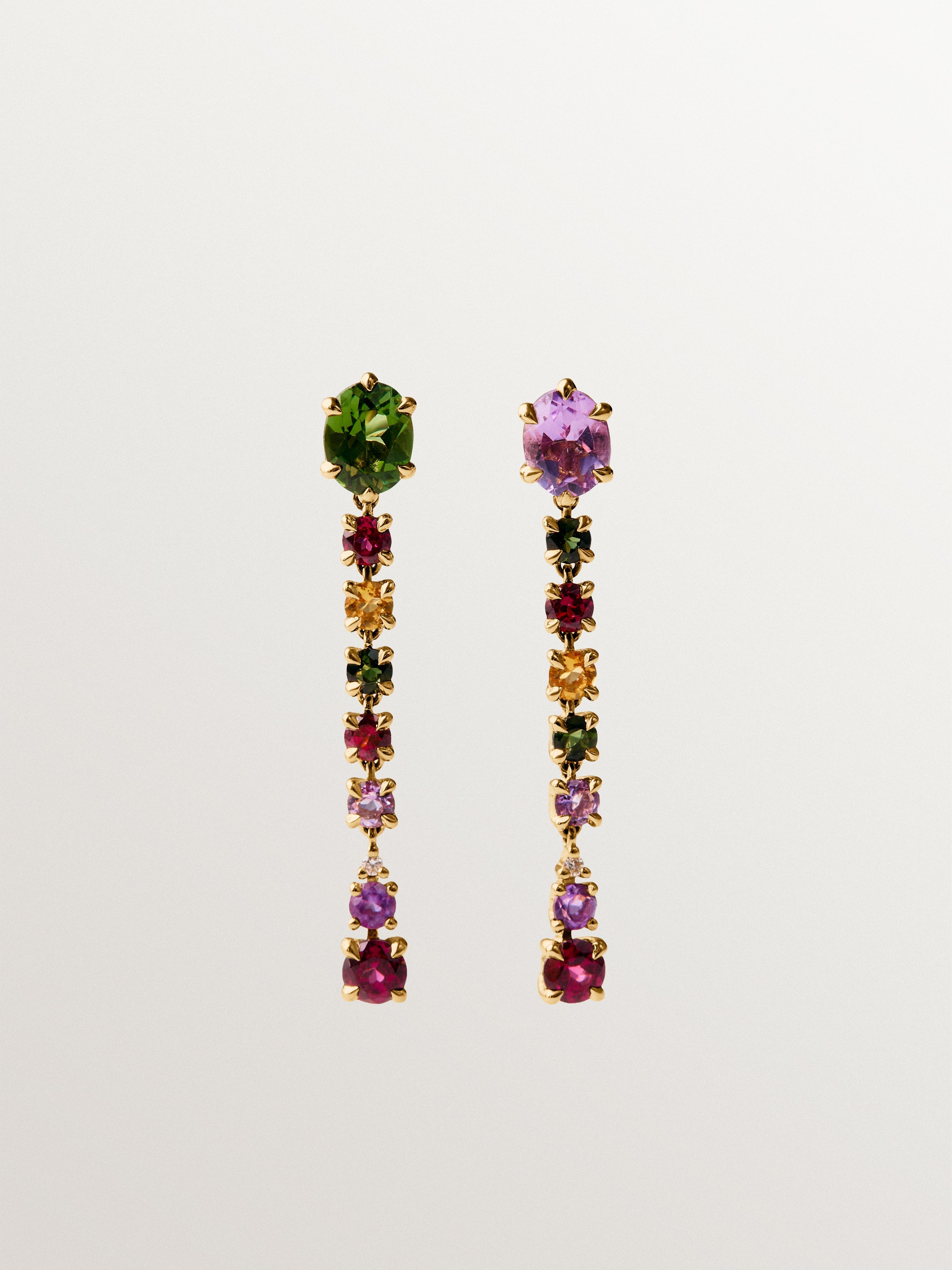 9K yellow gold stud earrings with pink and black amethysts, green tourmalines, rhodoliths and diamonds