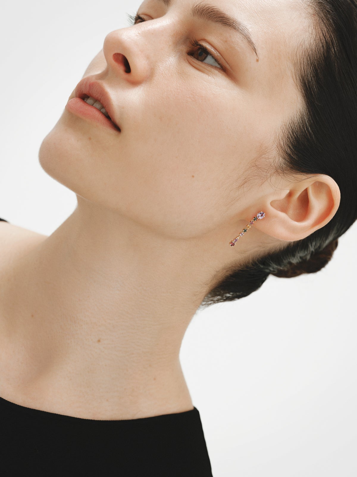 9K yellow gold stud earrings with pink and black amethysts, green tourmalines, rhodoliths and diamonds