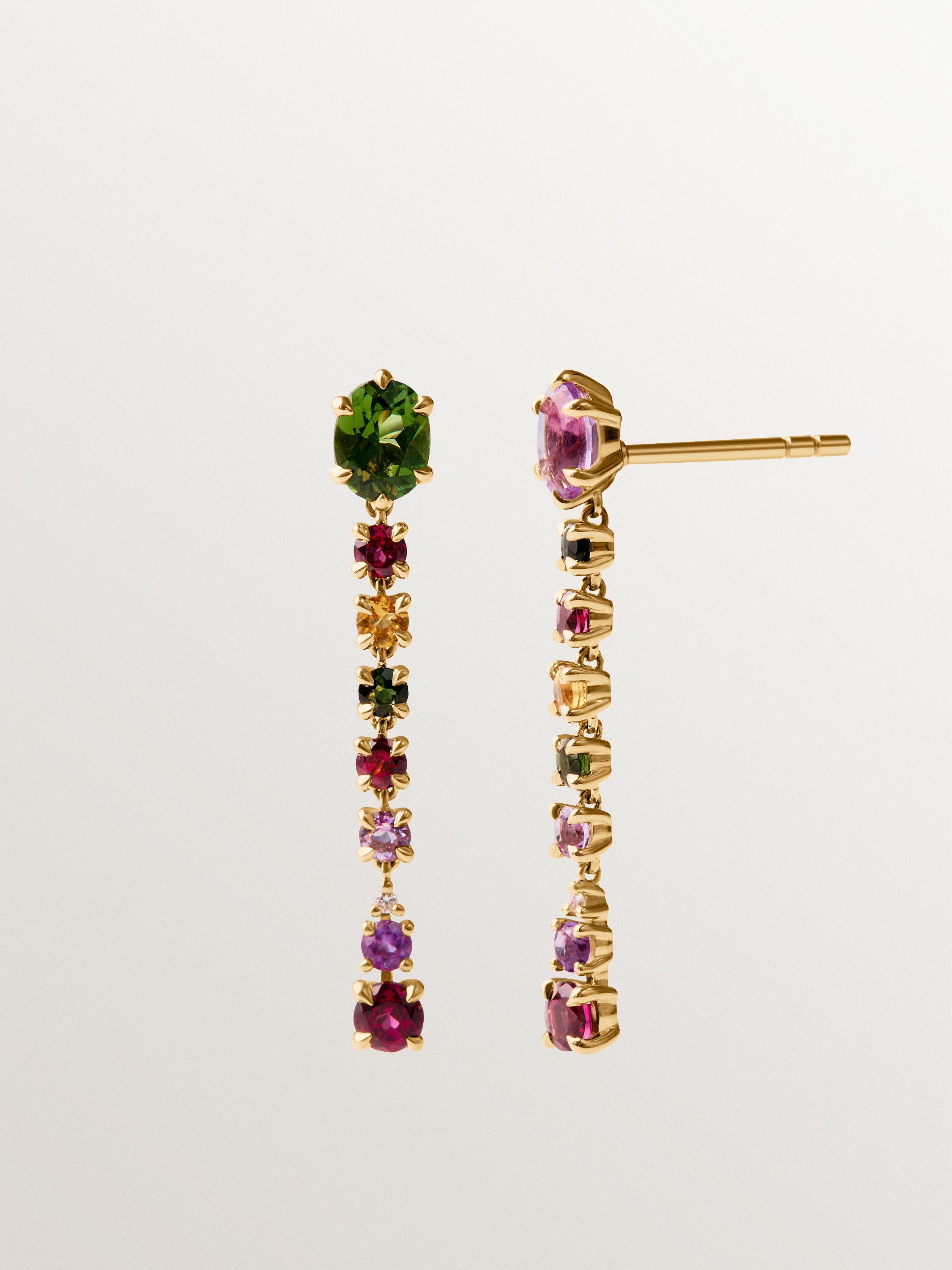 9K yellow gold stud earrings with pink and black amethysts, green tourmalines, rhodoliths and diamonds