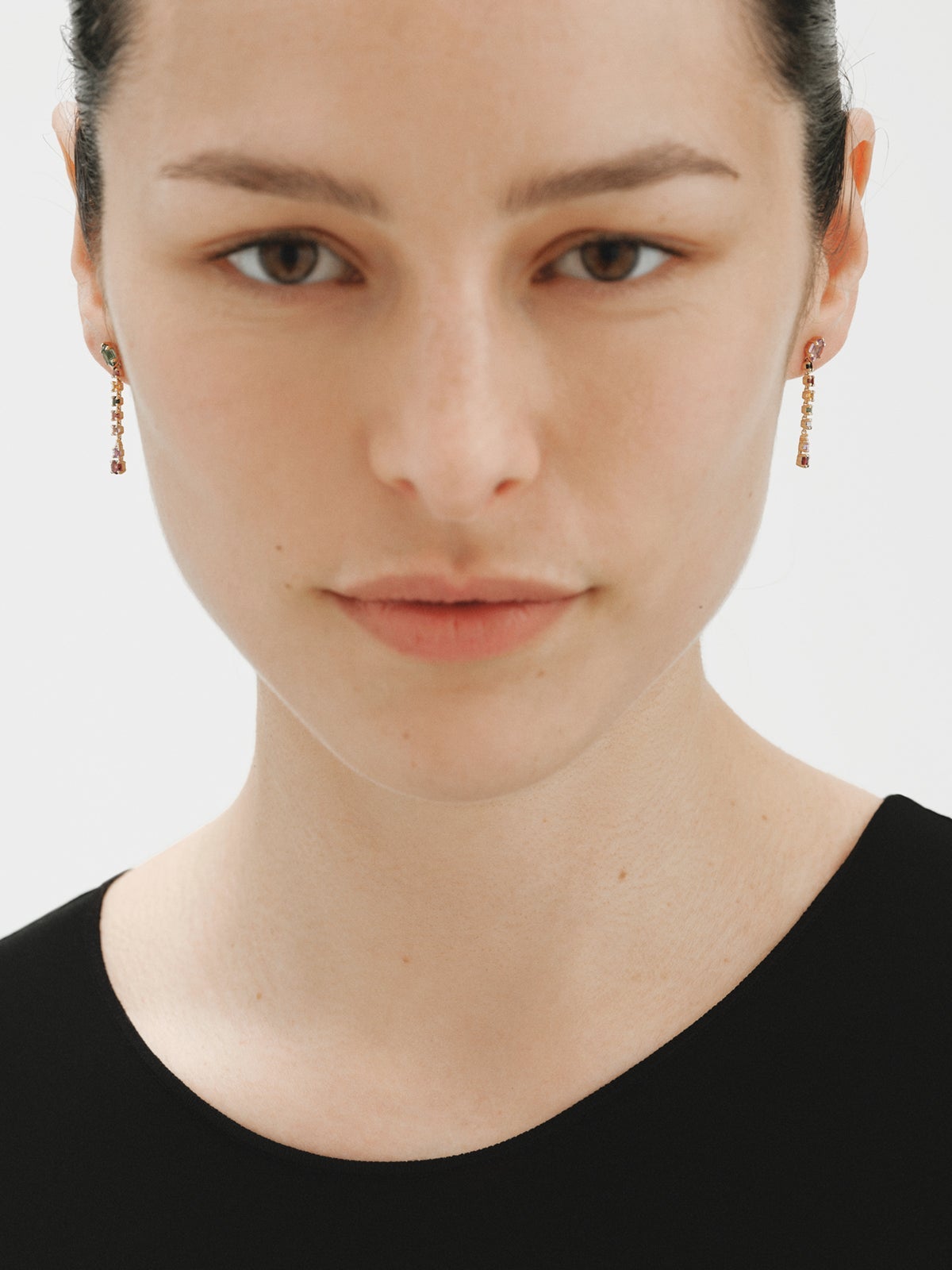 9K yellow gold stud earrings with pink and black amethysts, green tourmalines, rhodoliths and diamonds