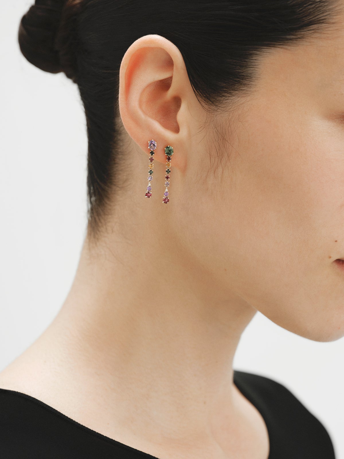 9K yellow gold stud earrings with pink and black amethysts, green tourmalines, rhodoliths and diamonds