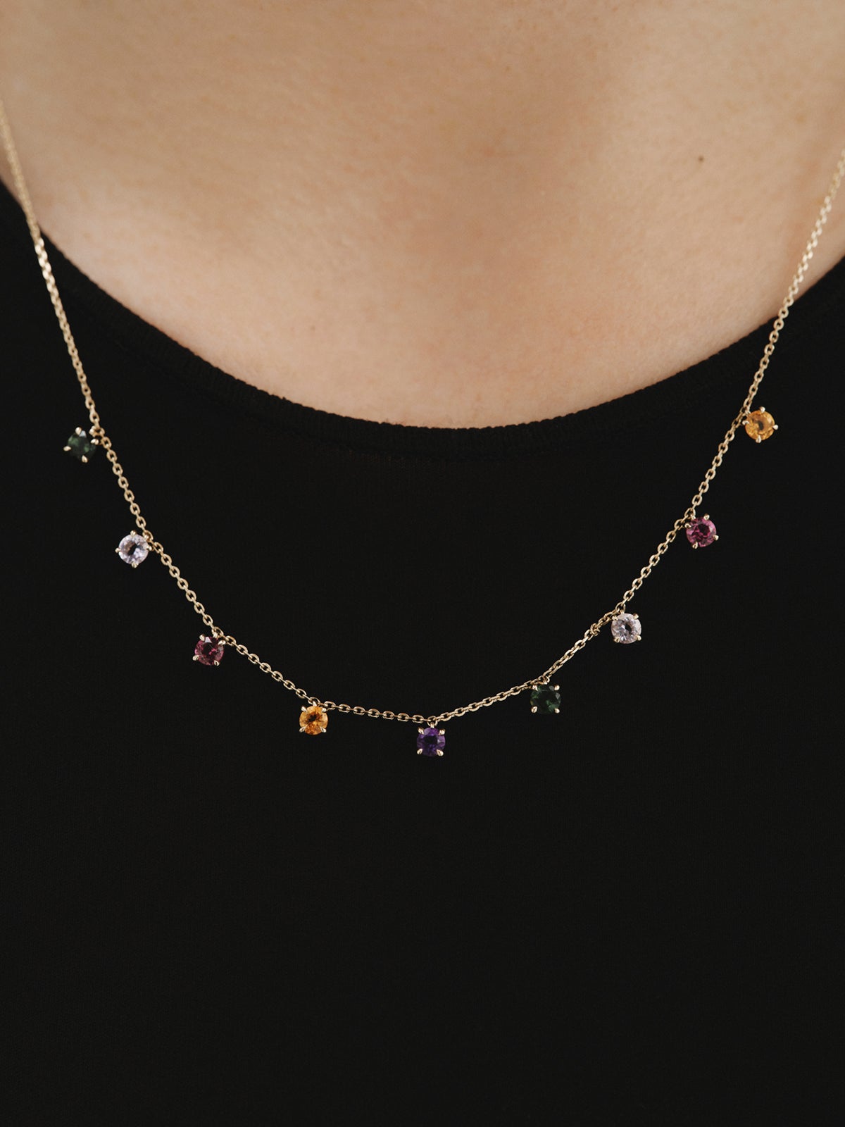 9K yellow gold necklace with pink and black amethysts, green tourmalines, orange citrine and rhodoliths