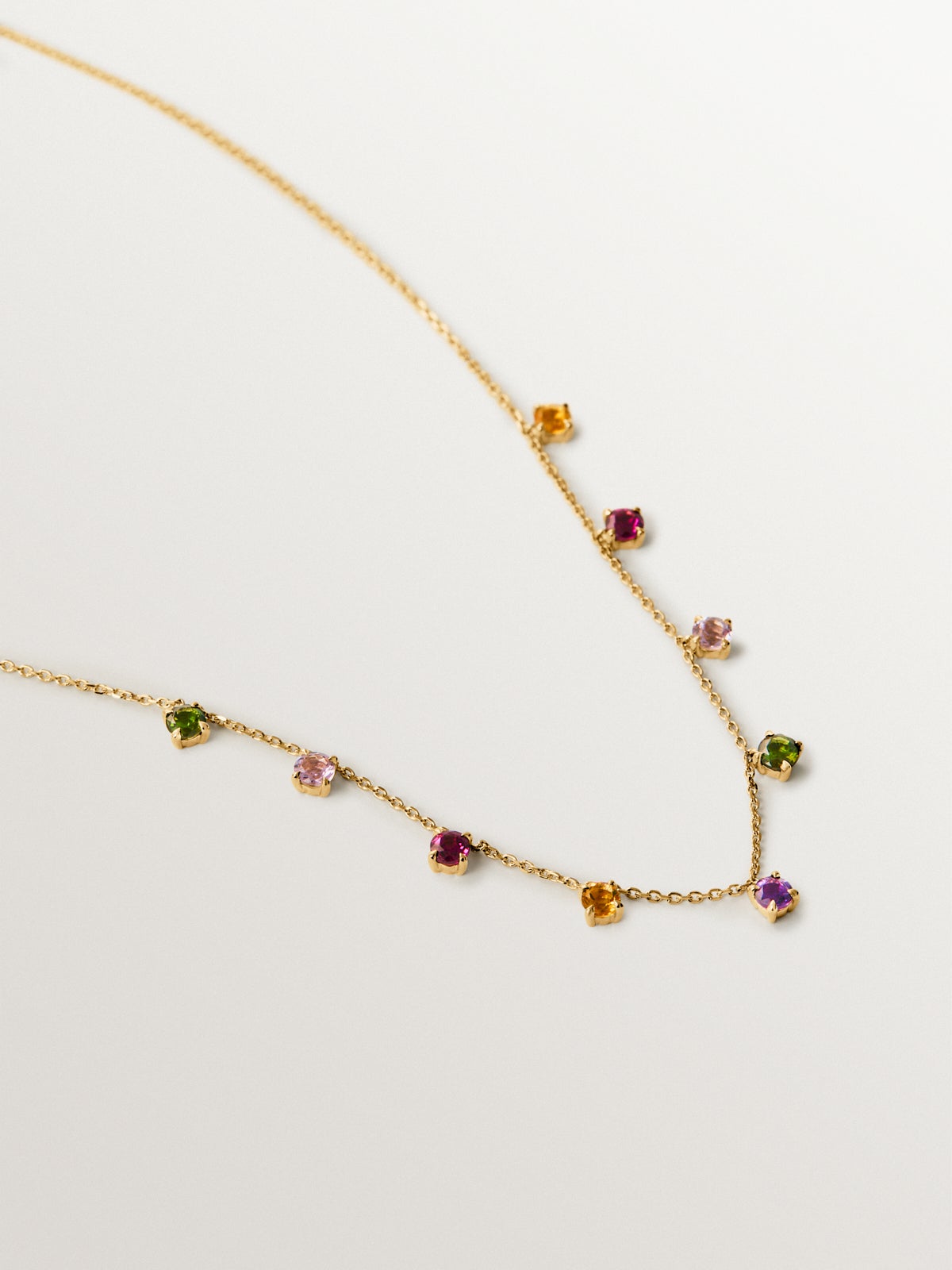 9K yellow gold necklace with pink and black amethysts, green tourmalines, orange citrine and rhodoliths