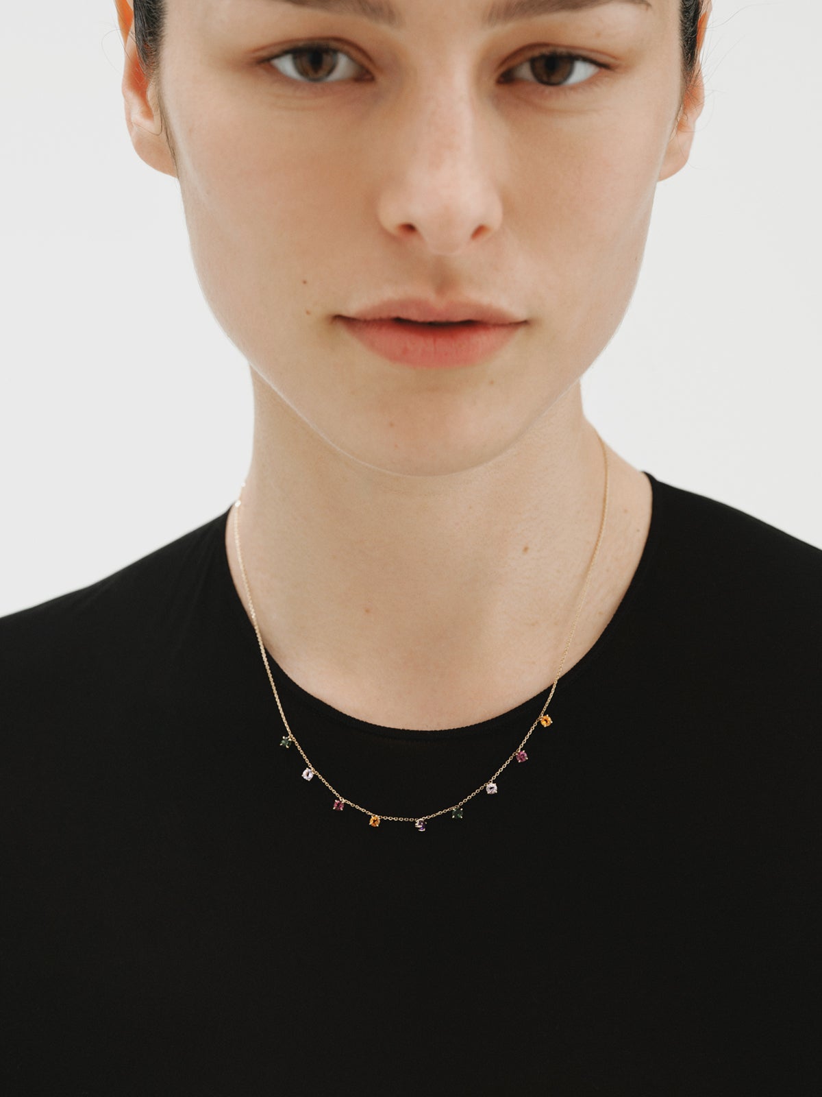 9K yellow gold necklace with pink and black amethysts, green tourmalines, orange citrine and rhodoliths