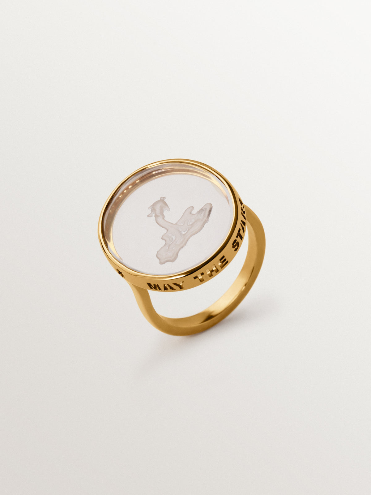 Aquarius Signet Ring in 925 Silver Plated in 18K Yellow Gold and Rock Crystal