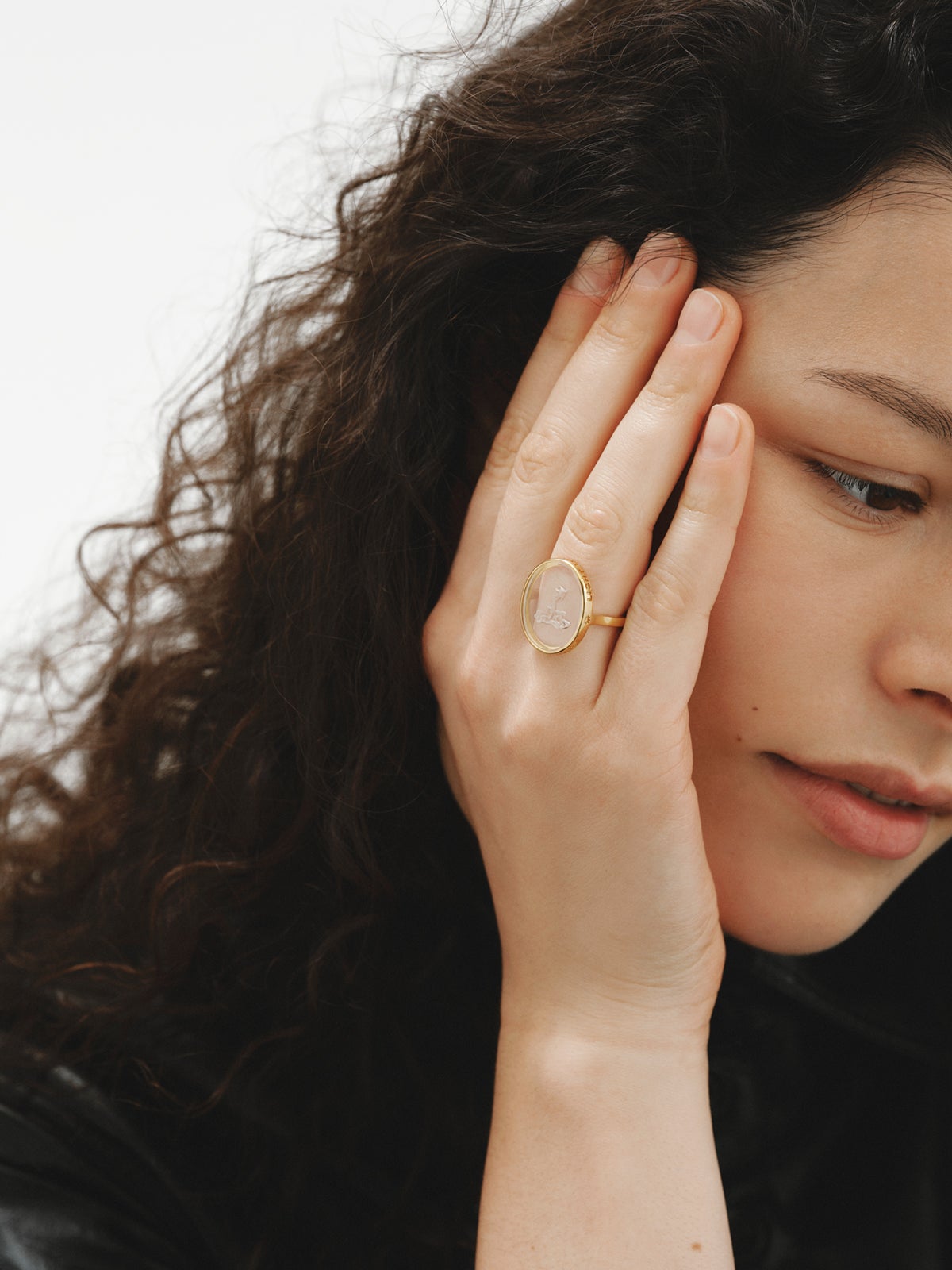 Aquarius Signet Ring in 925 Silver Plated in 18K Yellow Gold and Rock Crystal