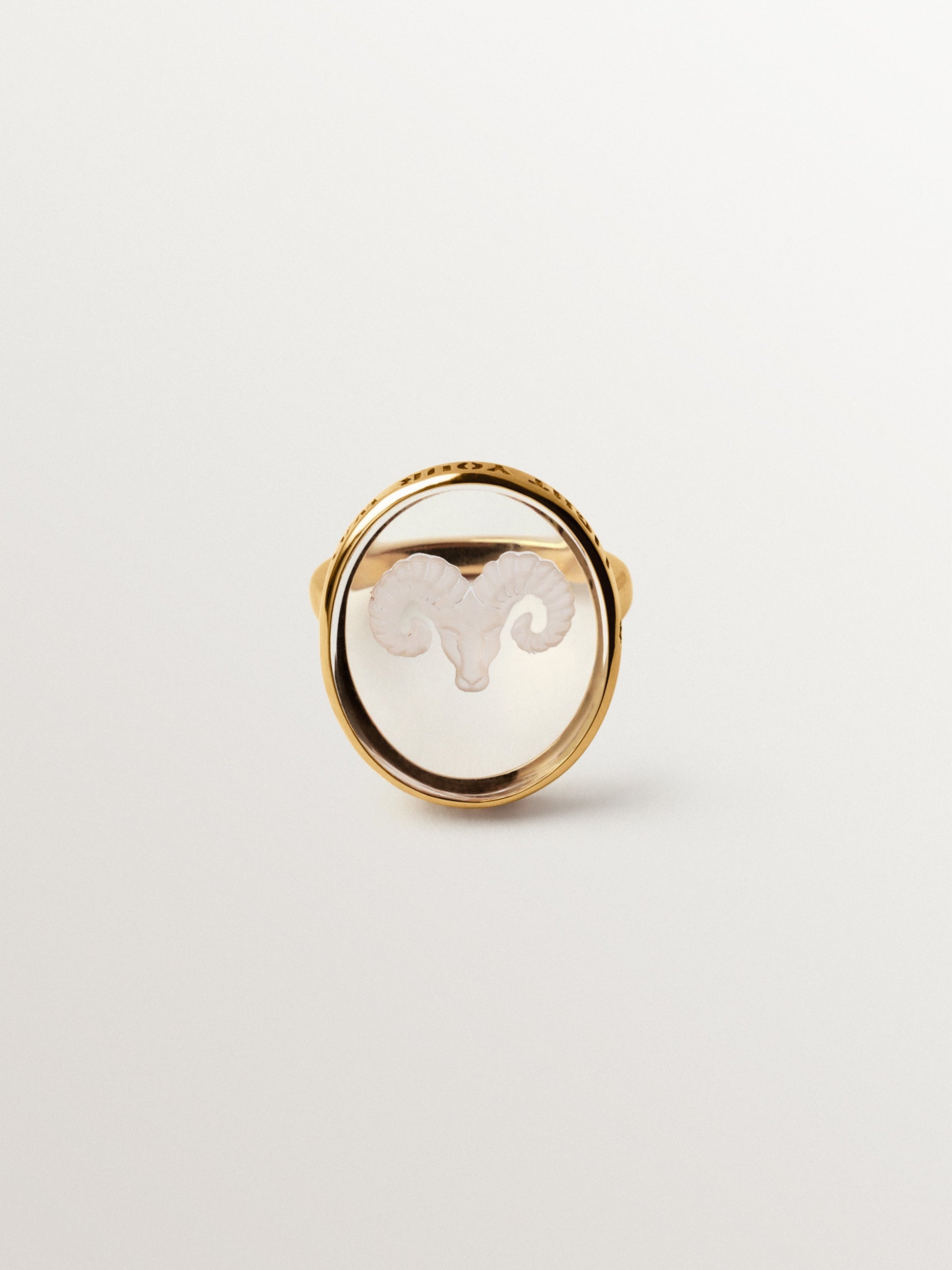 Aries signet ring in 925 silver plated in 18K yellow gold and rock crystal