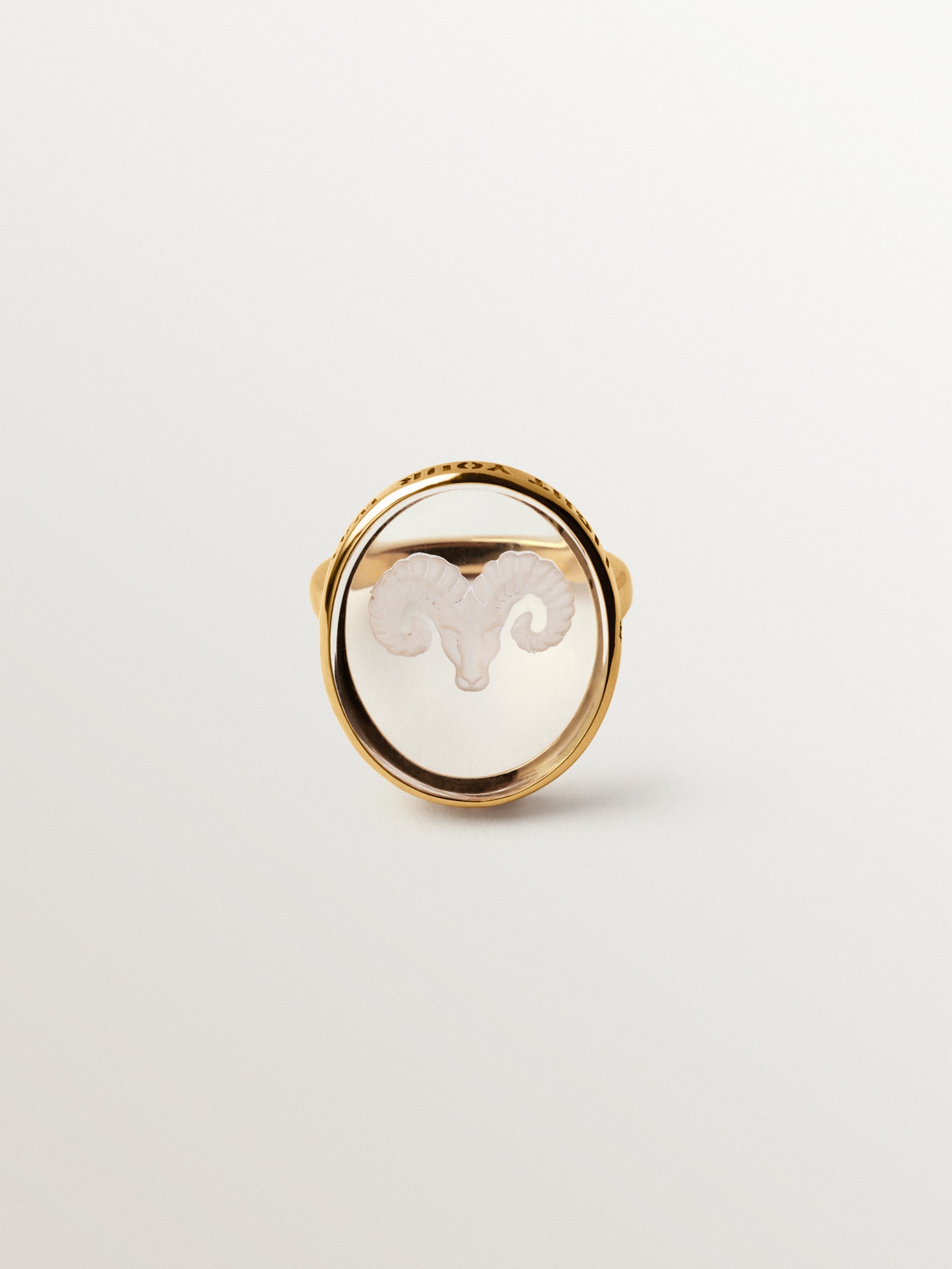Aries signet ring in 925 silver plated in 18K yellow gold and rock crystal