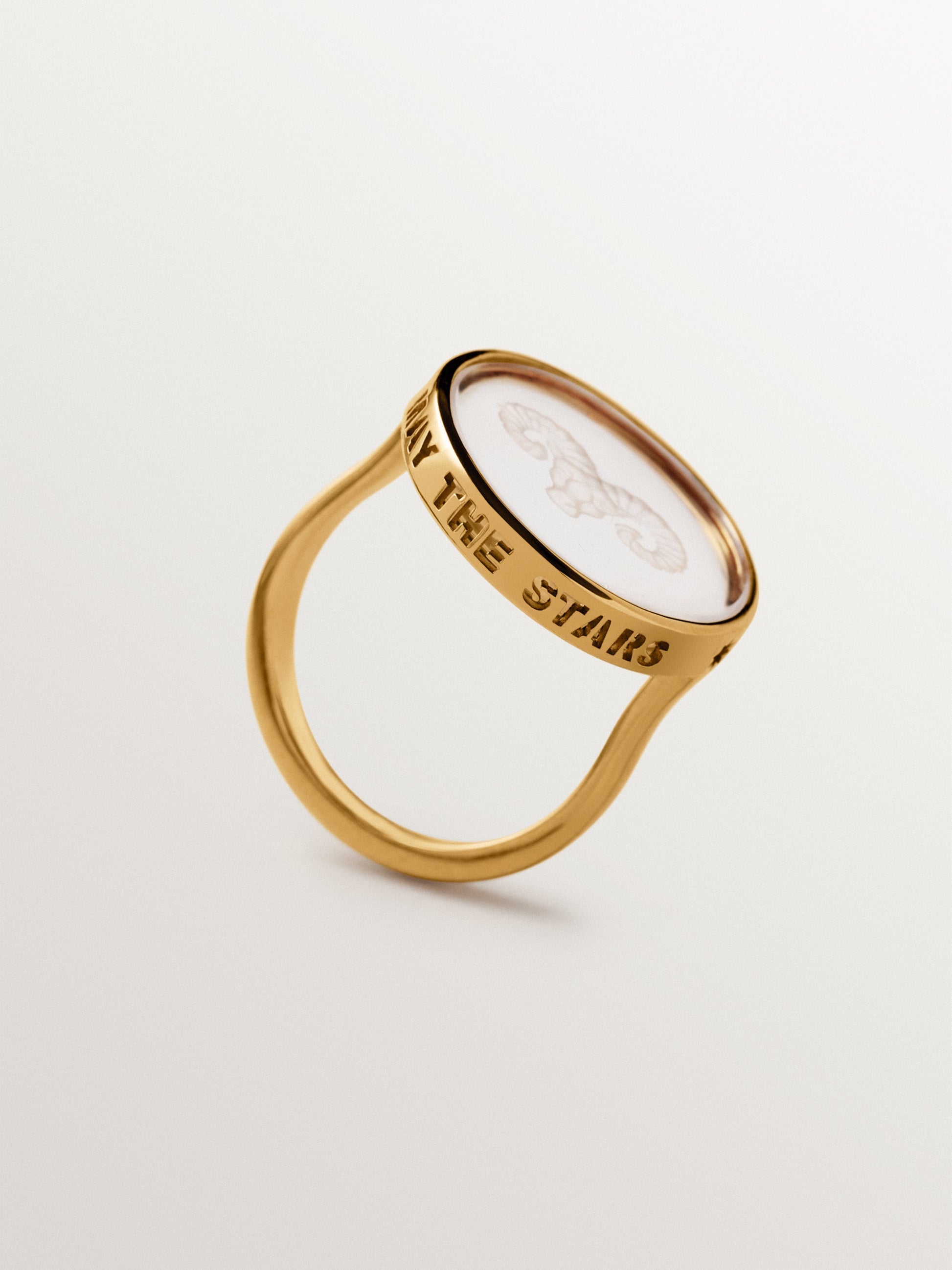 Aries signet ring in 925 silver plated in 18K yellow gold and rock crystal