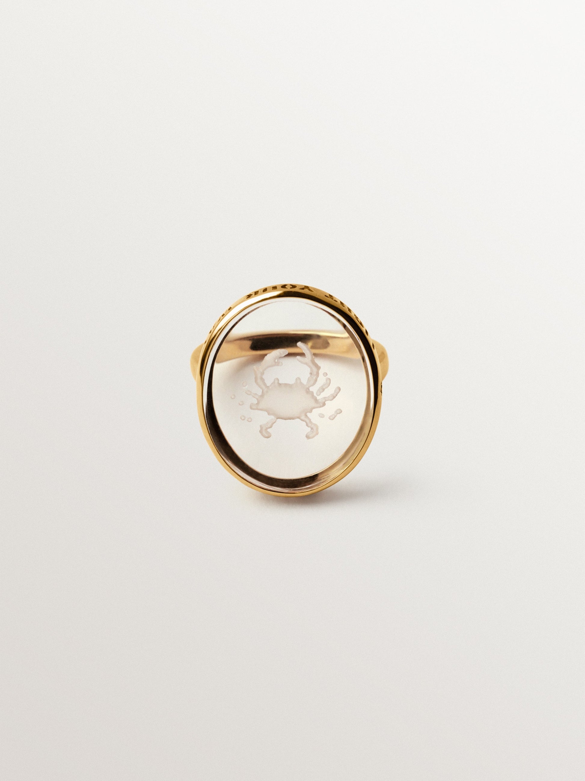 Cancer signet ring in 925 silver plated in 18K yellow gold and rock crystal