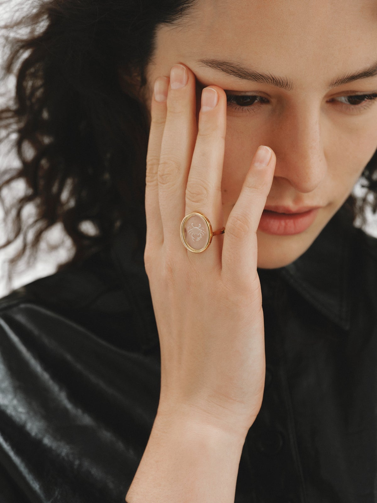 Cancer signet ring in 925 silver plated in 18K yellow gold and rock crystal