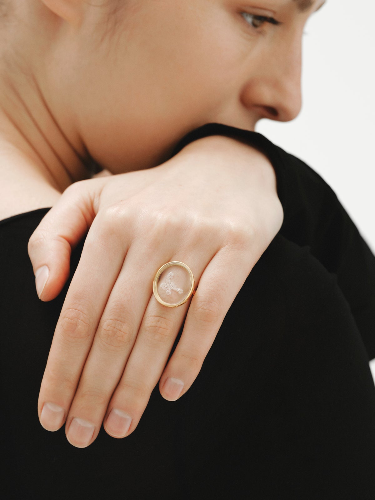 Scorpio signet ring in 925 silver plated in 18K yellow gold and rock crystal