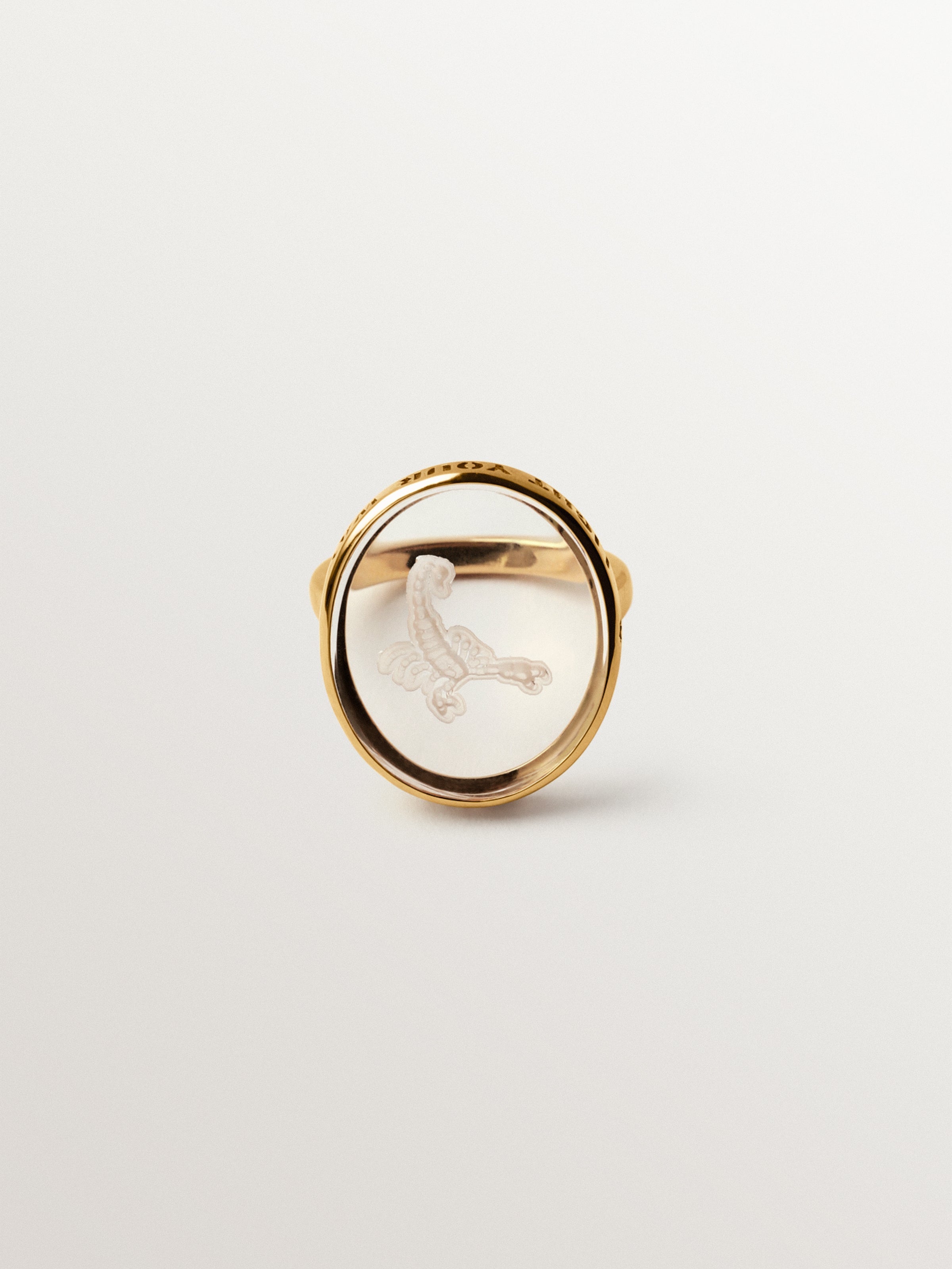 Scorpio signet ring in 925 silver plated in 18K yellow gold and rock crystal