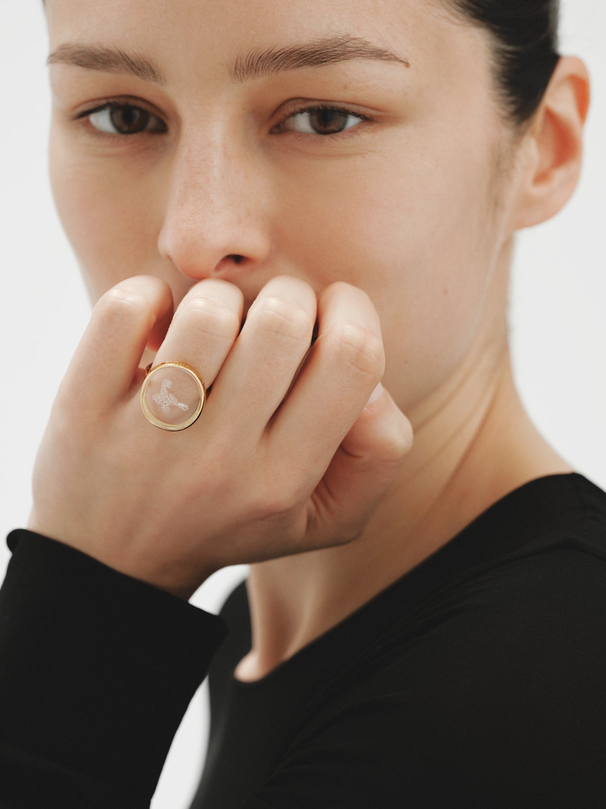 Scorpio signet ring in 925 silver plated in 18K yellow gold and rock crystal